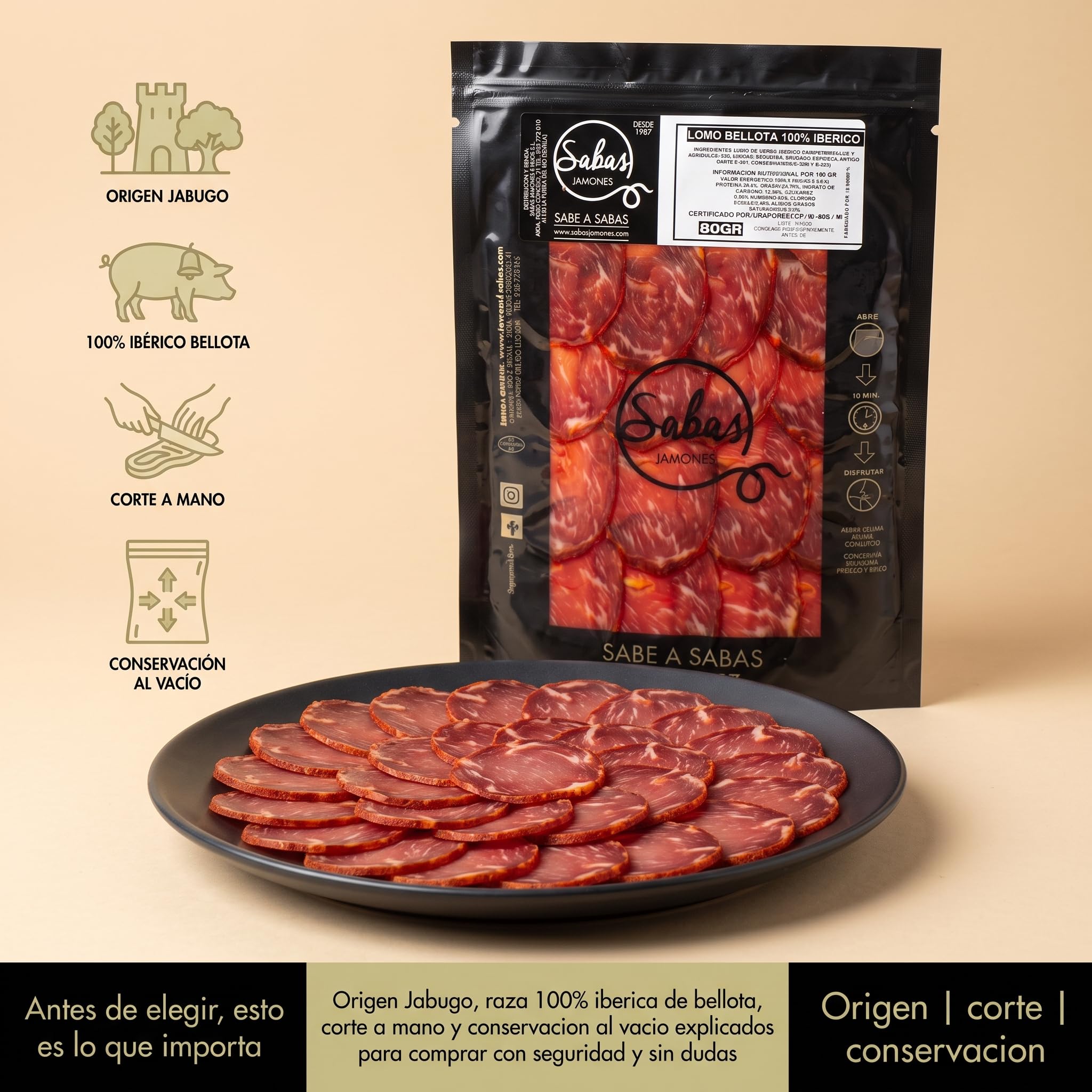SABE A SABAS Lomo Bellota 100% Iberico Cortado a Mano Caña de Lomo de Jabugo Loncheado 6 Sobres de 80g lomo Iberico 100% curacion natural Tabla Aperitivo Picoteo Regalo Gourmet lo mejor de la Dehesa