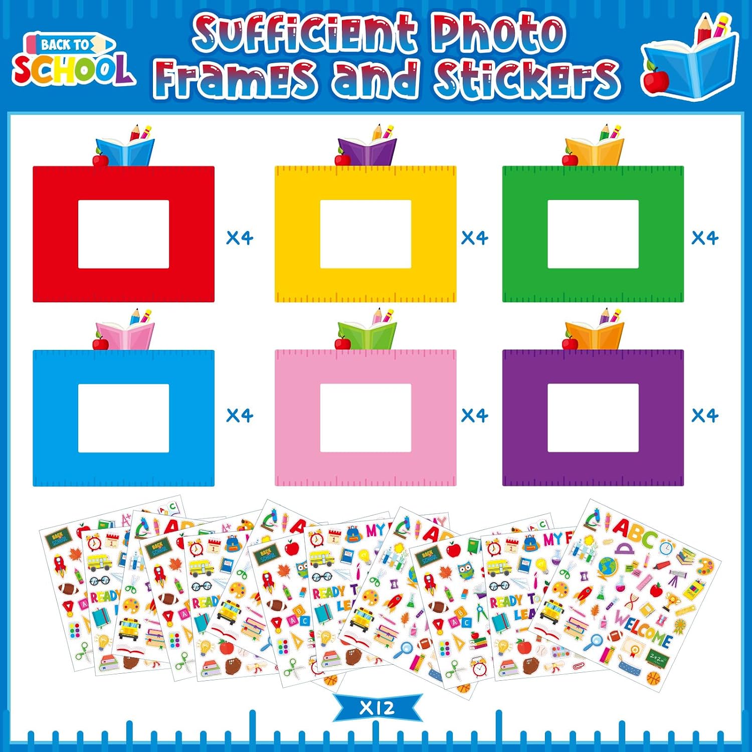 Geyee 24 Pcs Back to School Picture Frames Crafts and 12 Pcs Stickers First Day of Kindergarten DIY Paper Photo Frames Craft My First Day of Preschool Gifts for Educational Activities Decors Supplies