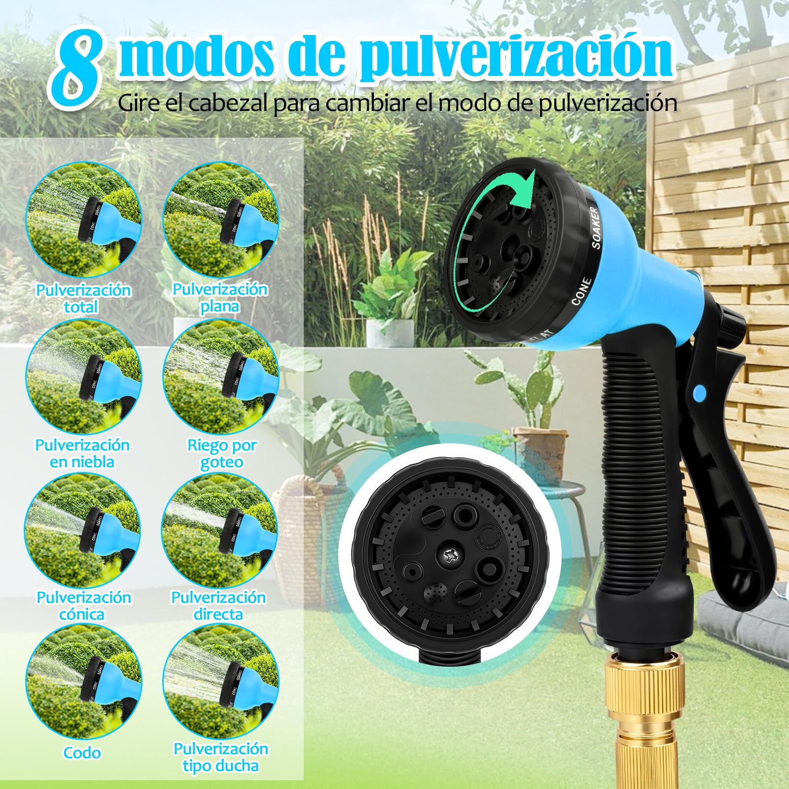 Manguera Extensible 30M/100FT, Manguera de Jardín Extensible Pistola de Riego con 8 Funciones Pistola Hose Con 3/4" y 1/2" Accesorios de aleación de zinc. el Riego de Plantas Hortícolas (Azul)