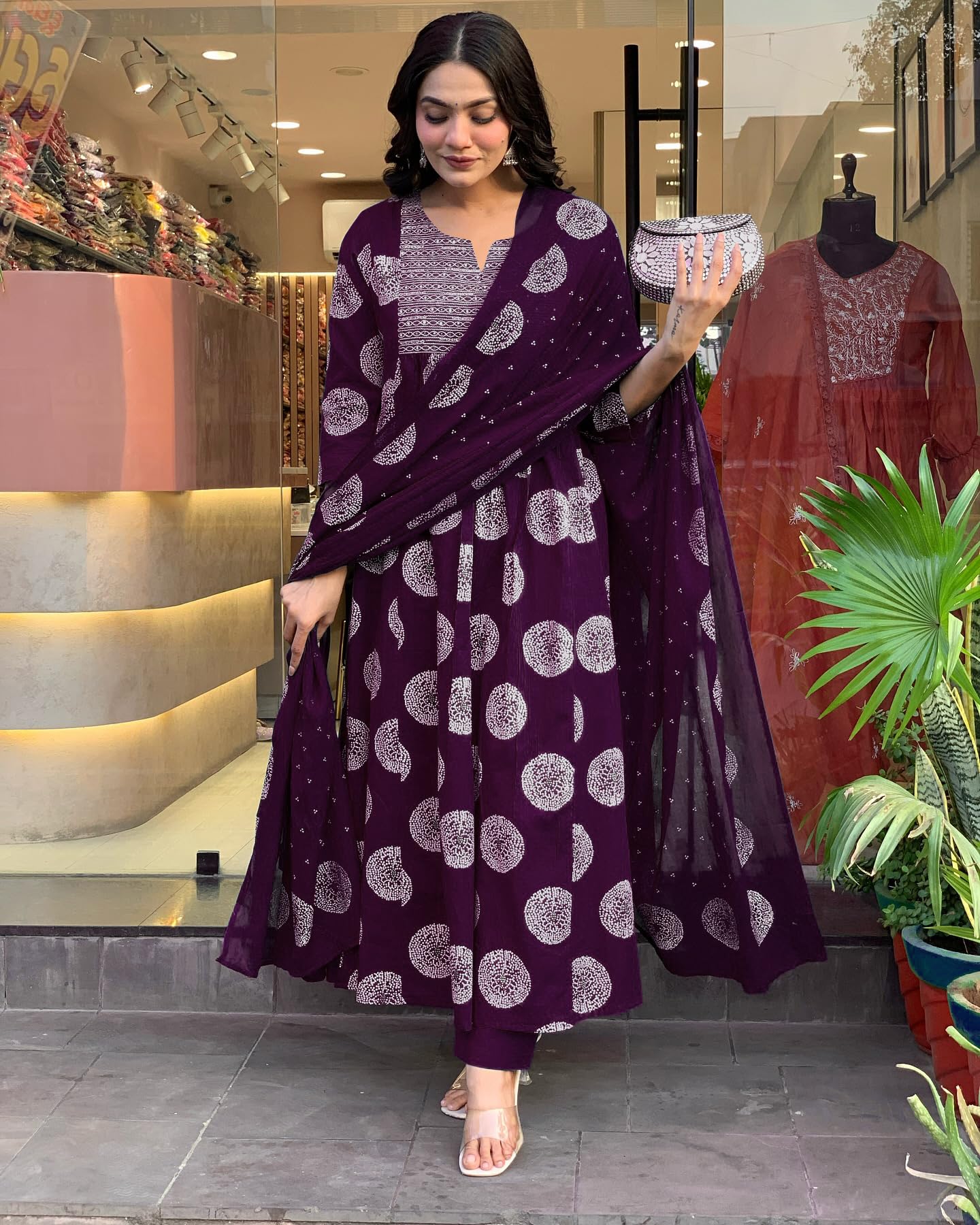 Toochki Dress For Women | Flared Dresses | Three Piece | Embroidered With Printed Work | Rayon Fabric | Wine | With Pant And Dupatta | Calf Length