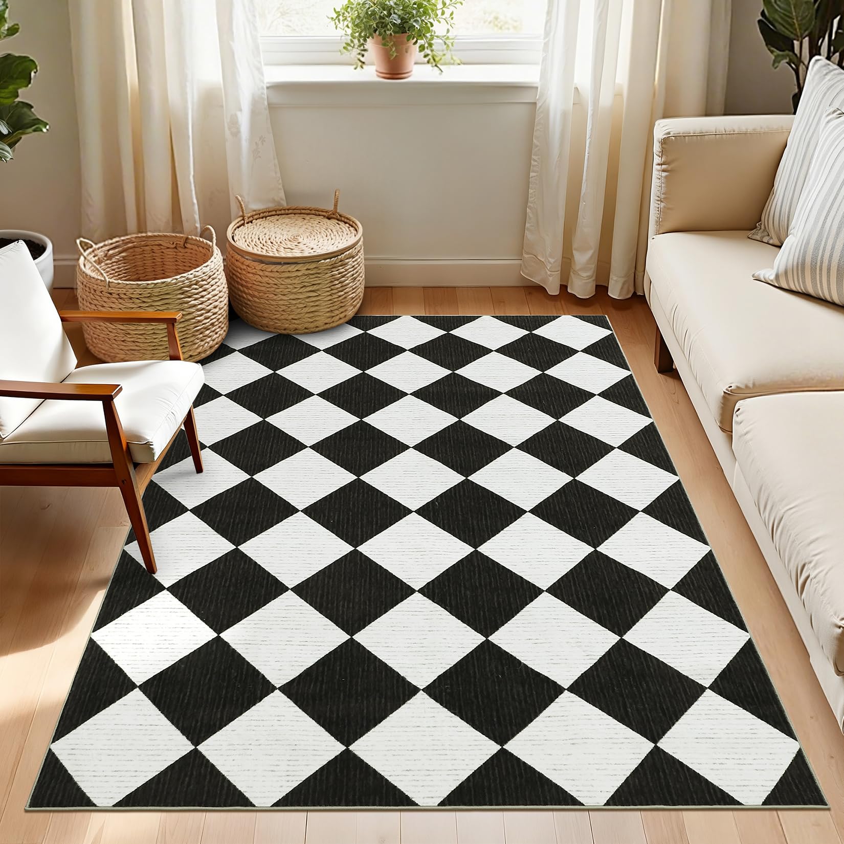 GarveeHome 3x5 Checkered Rug for Bedroom, Modern Geometric Plaid Non Slip Washable Entryway Rug Black and White Neutral Boys Carpet Classic Throw Mat