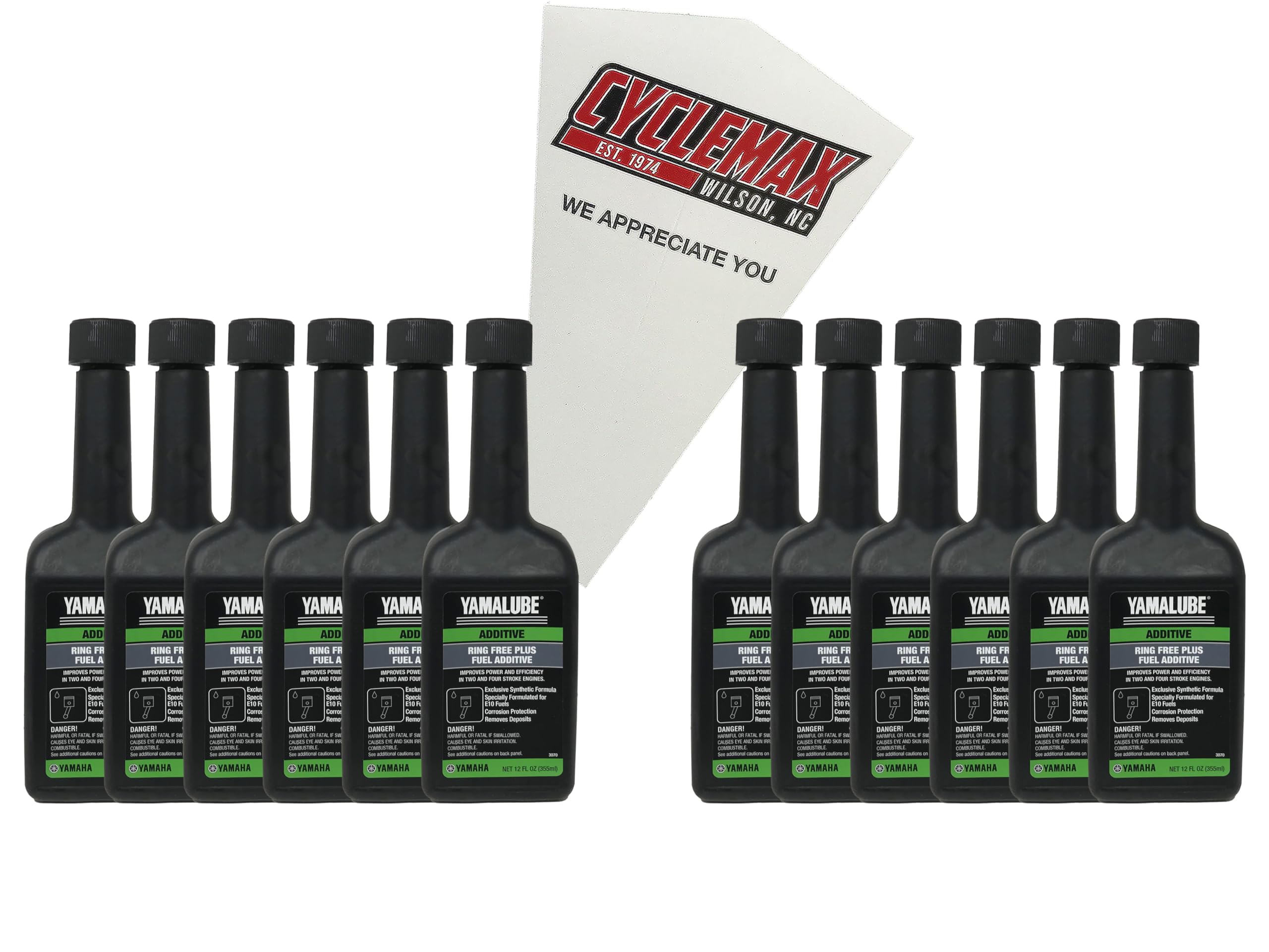 CYCLEMAX Twelve Pack Compatible with Yamaha Ring Free Plus Fuel Additive ACC-RNGFR-PL-12 Contains Twelve 12oz Bottles and a Funnel