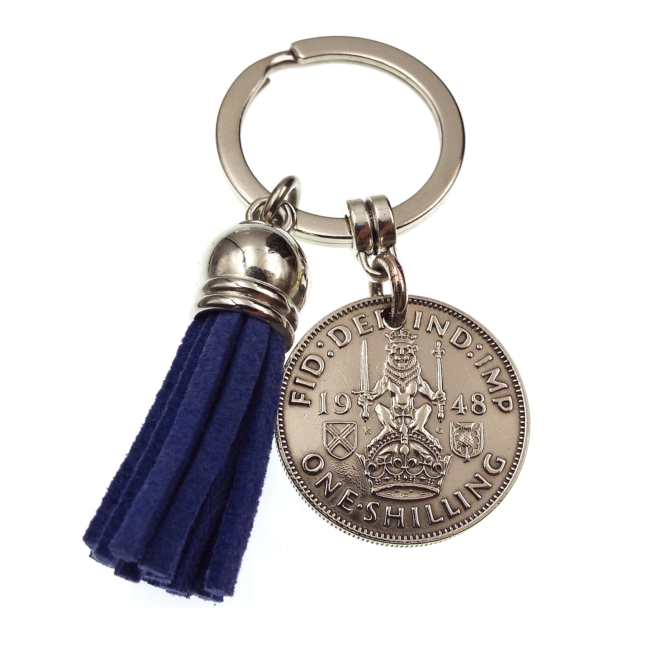A Silver Dream 1948 Scottish Shilling Blue Tassel Coin Keyring