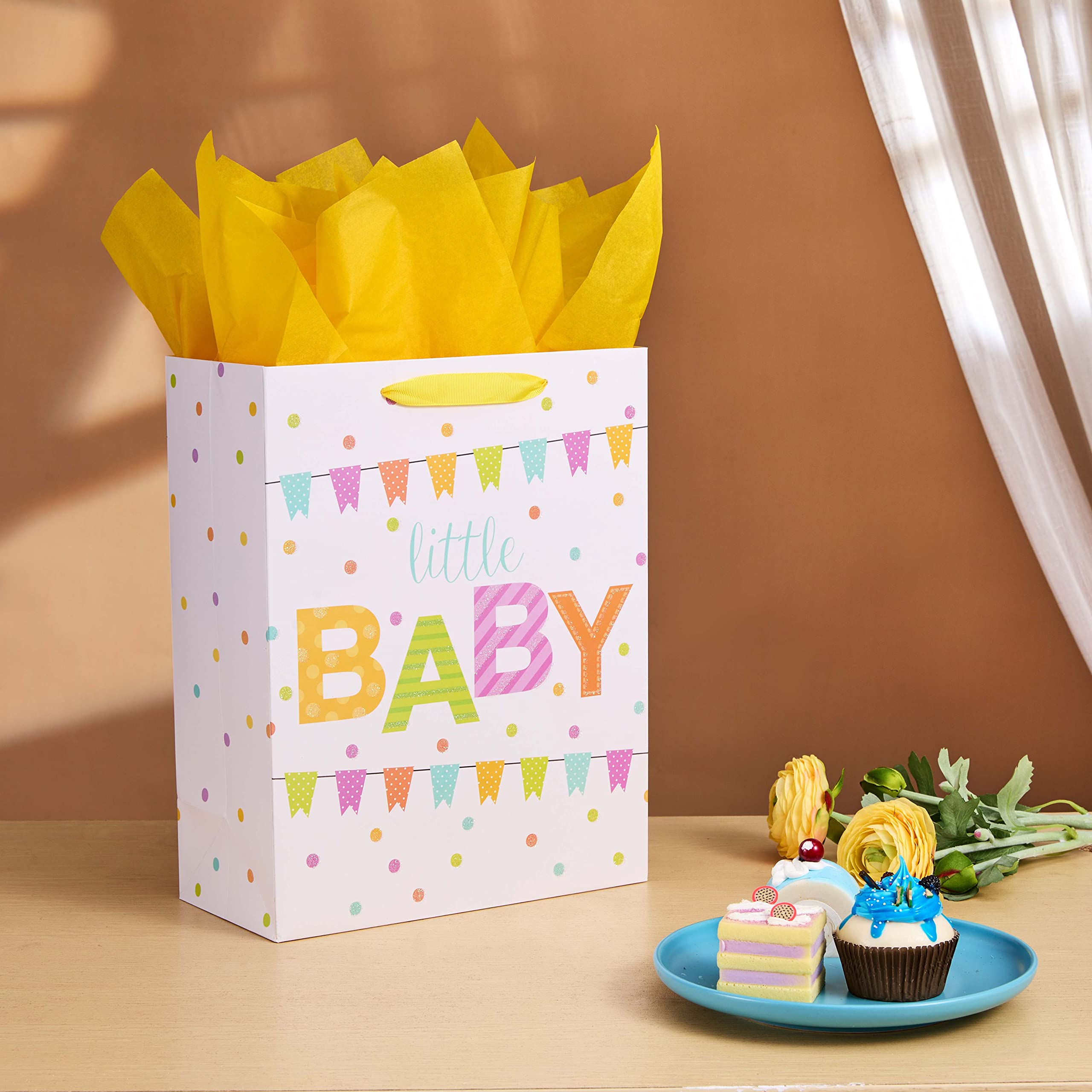SUNCOLOR Large Gift Bag for Baby Shower with Tissue Paper, White Paper Bag with Colorful Banner Design, 13x10.2x4.7 Inches, Includes Card and Yellow Tissue Paper