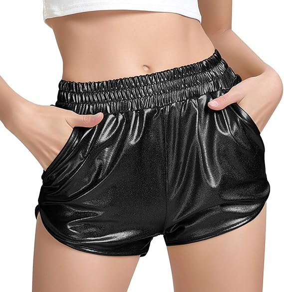MAKARTHY Women's Metallic Shorts Elastic Waist Shiny Sparkly Rave Pants at Amazon Women’s