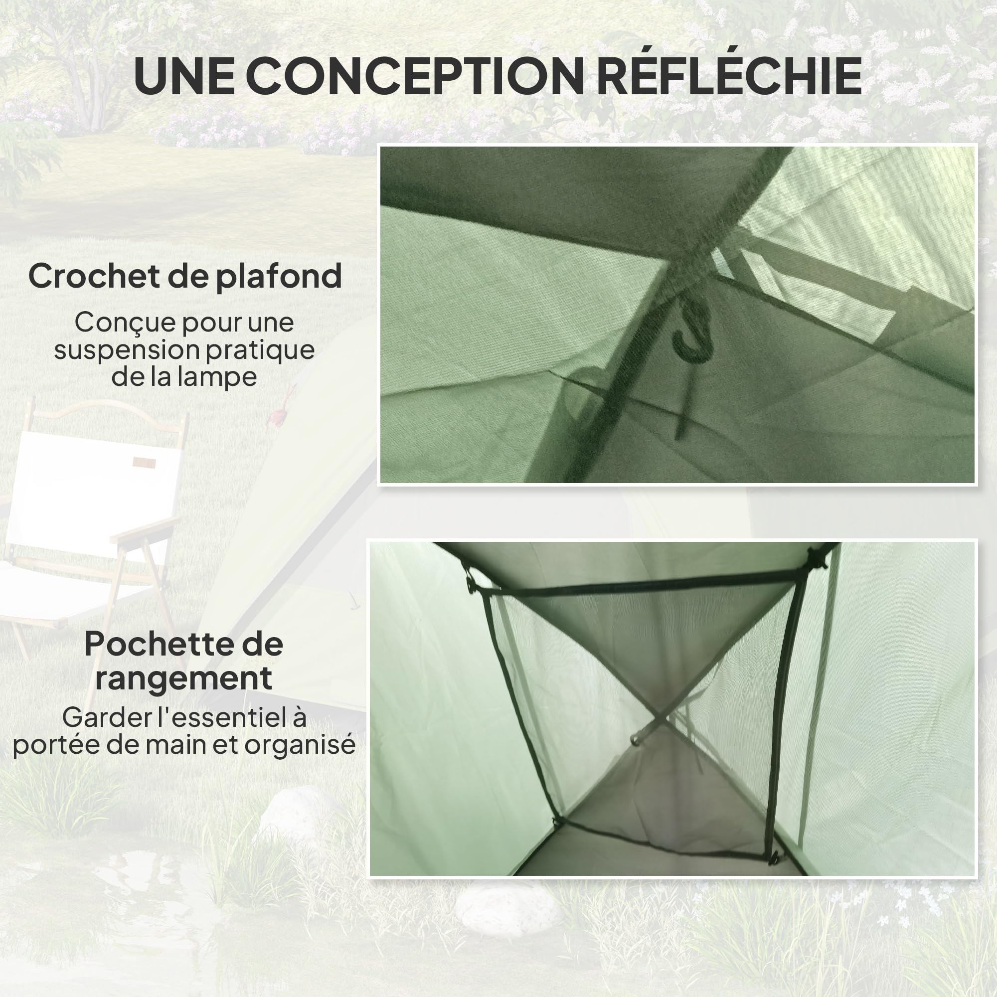 Outsunny Tente de Camping 2-4 Personnes, Tente dôme familiale imperméable, avec fenêtres, Sac de Transport, Poche et Crochet, pour Pique-Nique, Trekking, Camping, randonnée, Vert Olive