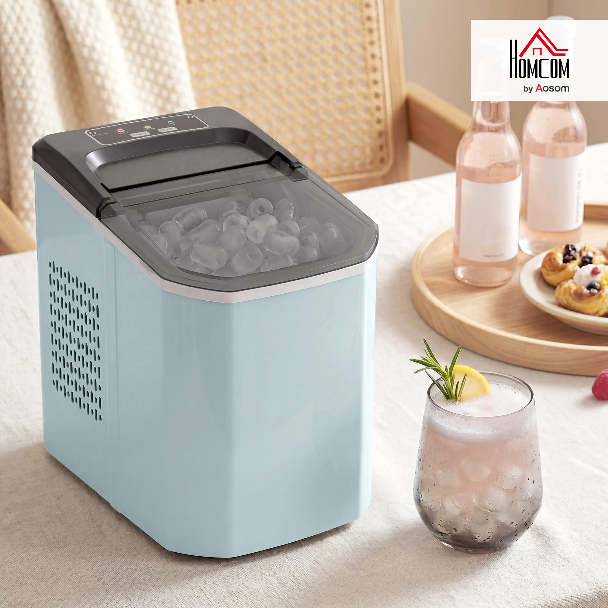 HOMCOM Máquina de Hielo, Máquina de Cubitos de Hielo Autolimpiable, 12 kg/24H, 9 Cubitos Listos en 7 Minutos, 2 Tamaños de Hielo, 1,5L Depósito, para Hogar, Cocina, Oficina, Bar, Azul — view 2