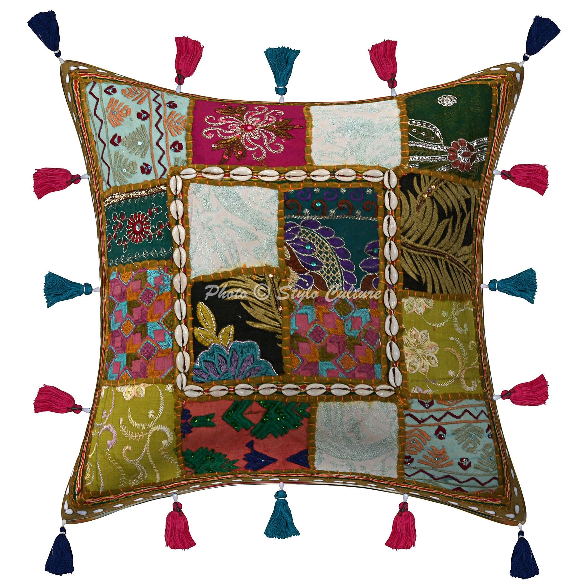 Bohemien Dekorativ Baumwolle Sofa Kissenbezüge 40x40 cm Olivgrün Dekokissen Gesticktes Patchwork Wohnzimmer Couch Kissenhullen Blumen Quadrat Umschlagverschluss Kissen Bezüge - 4 STK.