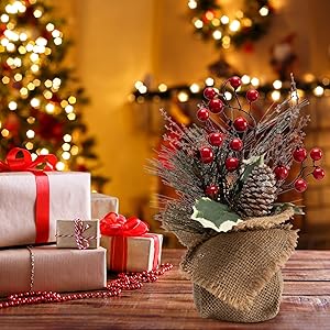 LOHASBEE Mini Christmas Tree, 2PACKS 10-Inch Small Table Top Portable Christmas Tree with Red Berries for Kid Gift Office Tabletop and Room Desktop Holiday Party Decorations