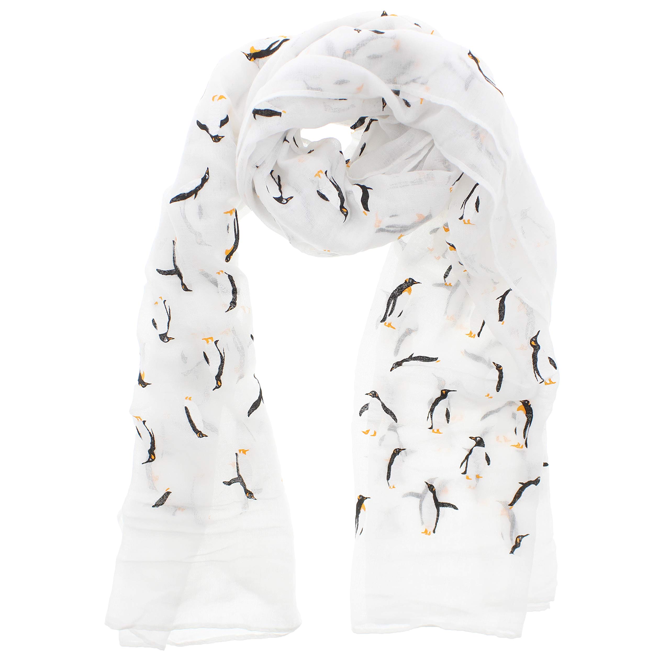 Zac's Alter Ego Women's White Long Lightweight Christmas Scarf With Mini Penguin Print