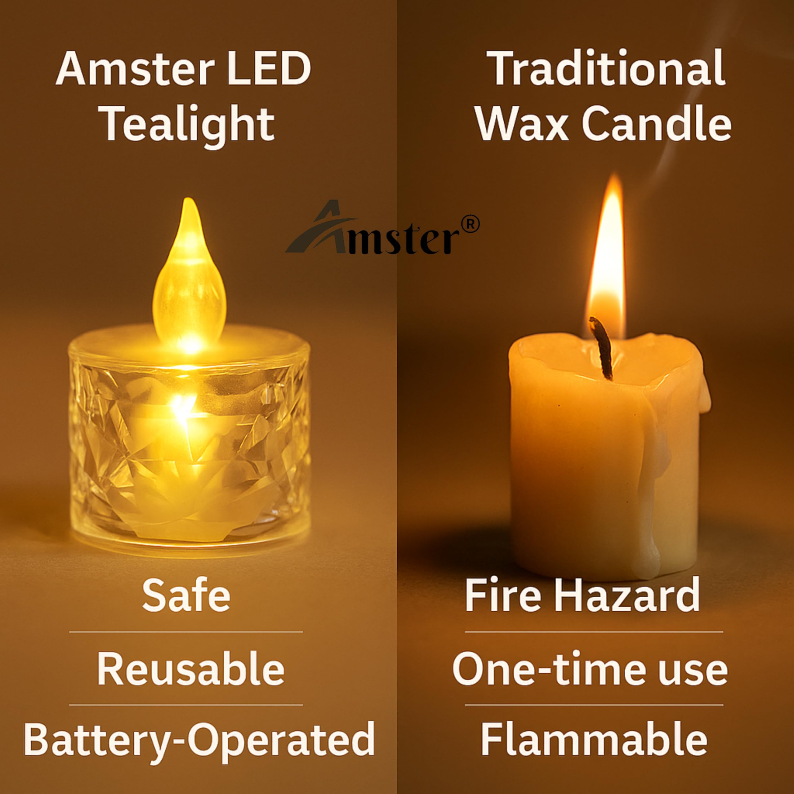 Amster LED Flameless Tealight Candles – Warm White, Battery Operated Decorative Lights for Diwali, Home & Wedding Décor – Safe, Smokeless & Reusable (Crystal LITE Candles, Pack of 6) 2