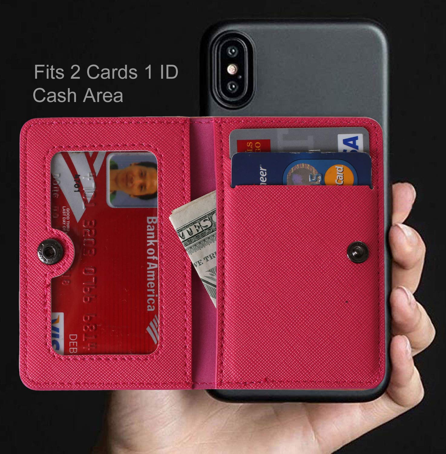 CheapSunday - Tarjetero de piel para la parte posterior del teléfono, con soporte, impermeable, adhesivo, para la mayoría de teléfonos celulares (rosa intenso)