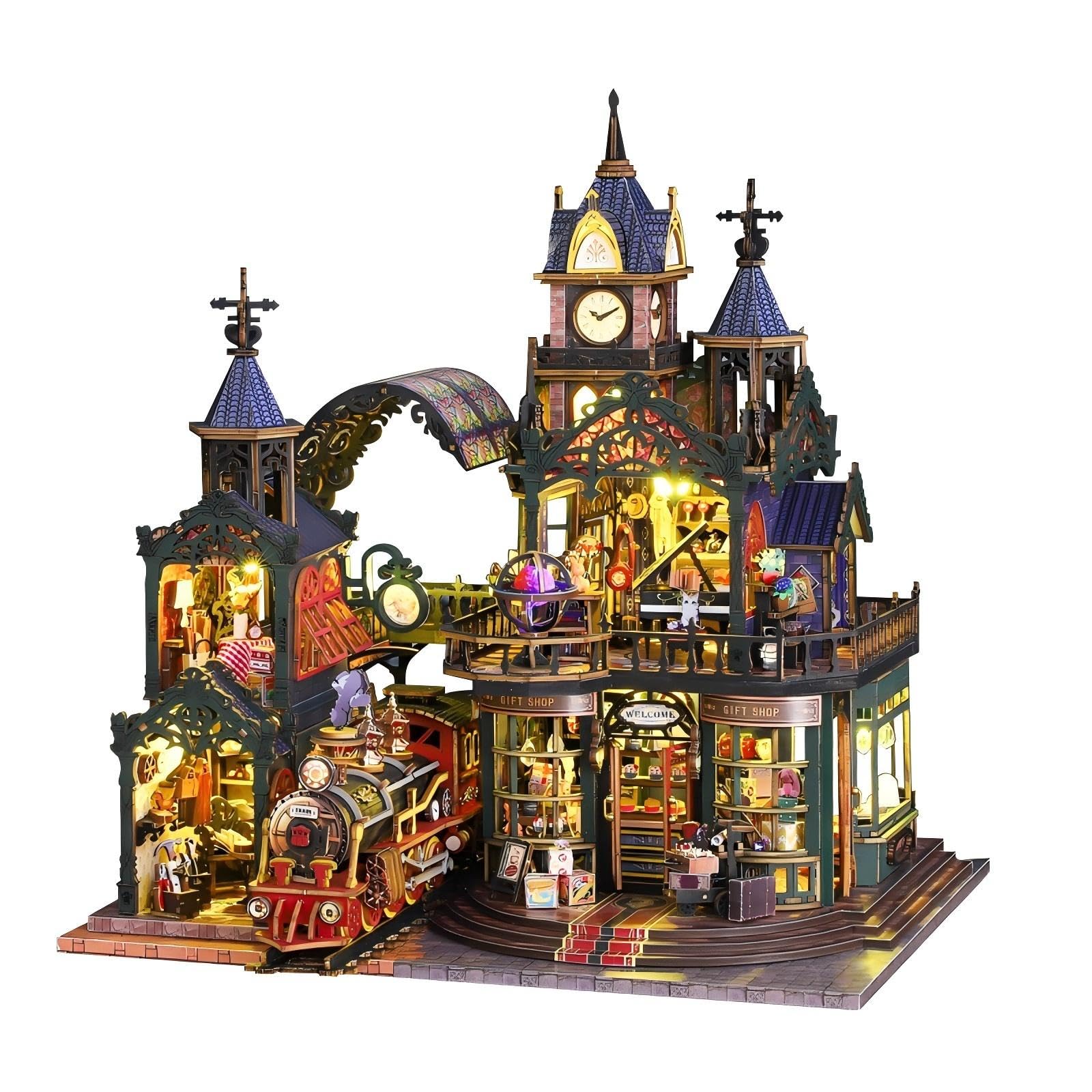 OZJAY Miniature House Kit, Miniature Kit with Steam Train, Dollhouse Kit for Adults Teen, Mini House Building Kit for Birthday Christmas, Rail-Track Secluded City