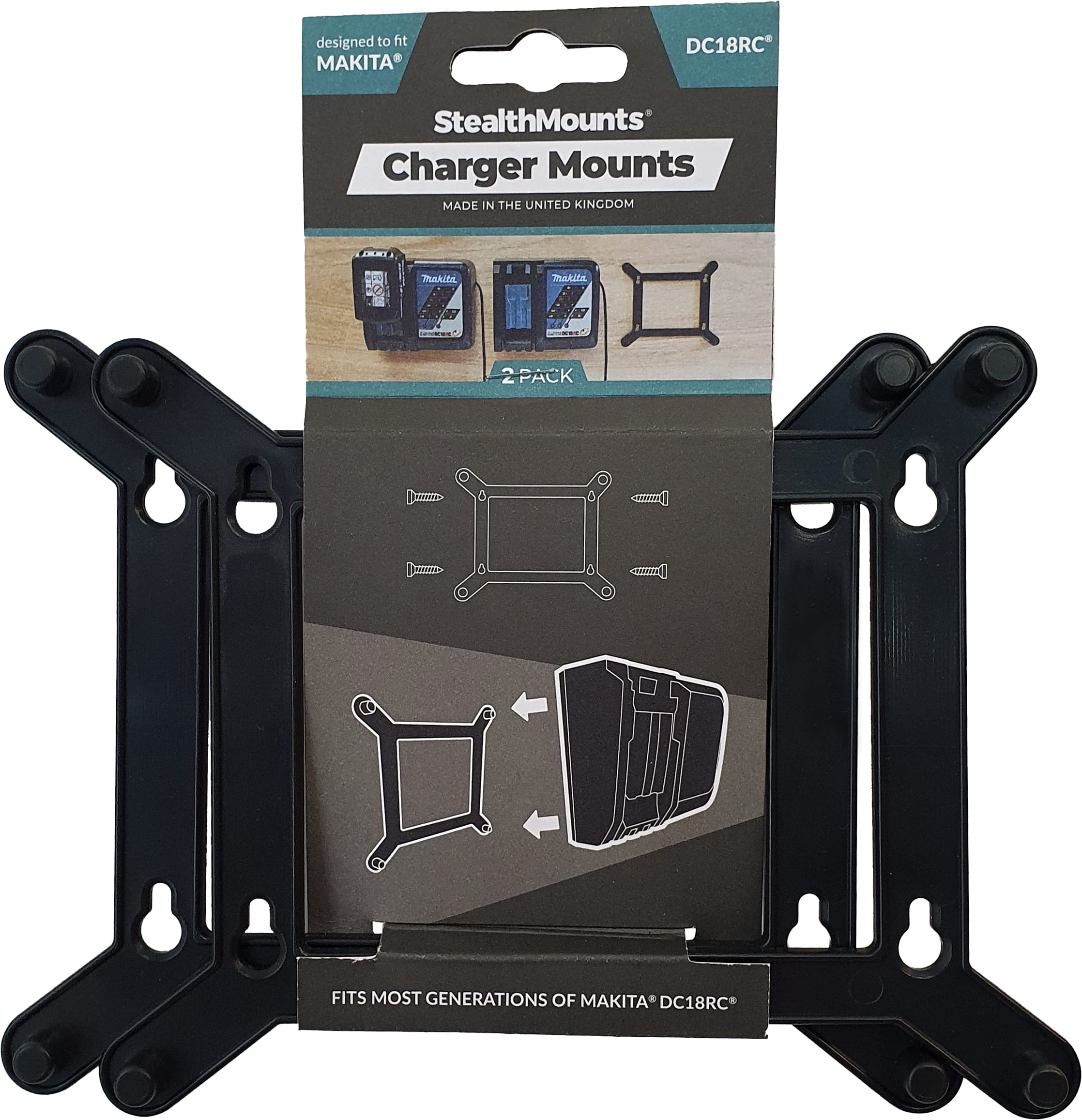 StealthMounts Charger Mount Compatible with Makita DC18RC | Charger Holder for Makita Charger Wall Mount (Black) - 2 Pack (Single Charger)