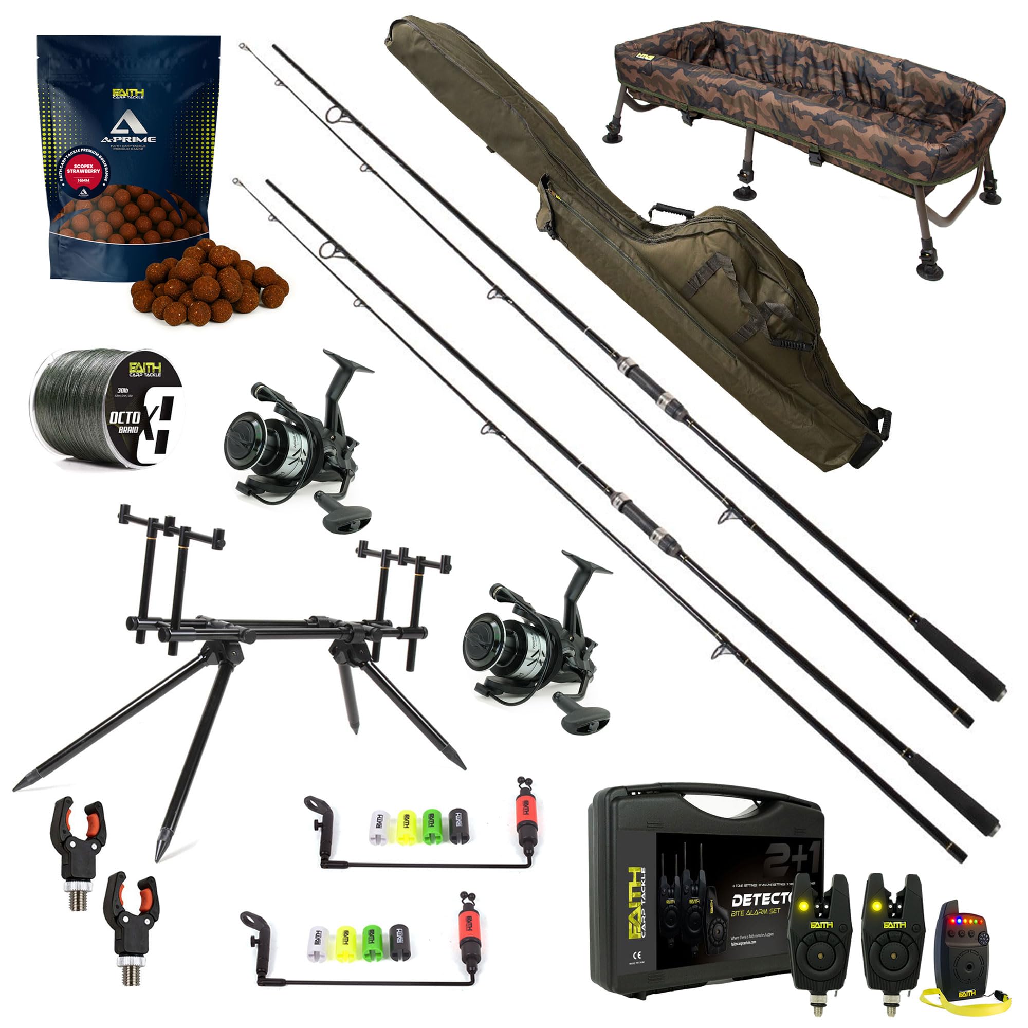 Faith Carpset 2 Rod Exclusive – Kompletny Zestaw Karpiowy Premium z Wędkami, Kołowrotkami Wolnego Biegu i Sygnalizatorami Brań