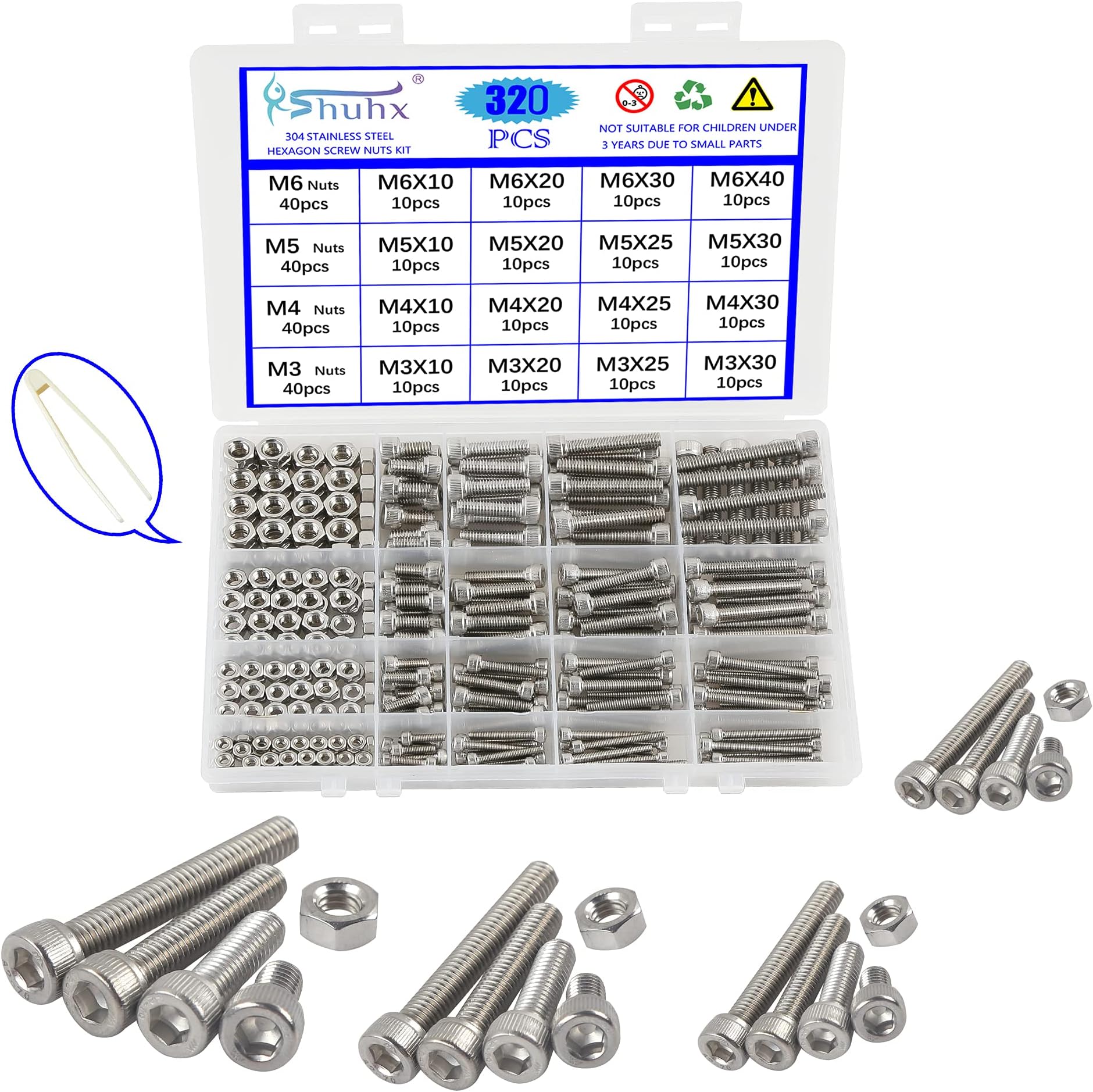 M3 M4 M5 M6 Nuts and Bolts Hexagon Socket Head Cap Screws 304 Stainless Steel Mechanical Hex Socket Screws Assortment Kit 320PCS with Storage Box for DIY Bicycle Motorcycle Repair