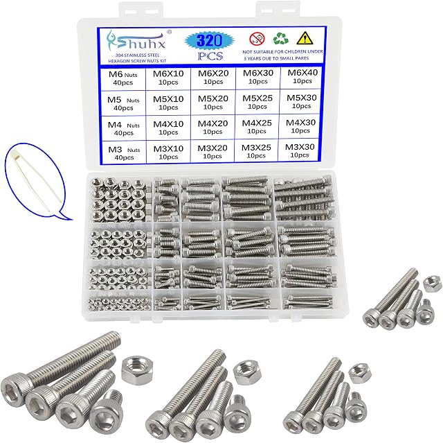 Rshuhx M3 M4 M5 M6 Nuts and Bolts Hexagon Socket Head Cap Screws 304 Stainless Steel Mechanical Hex Socket Screws Assortment Kit 320PCS with Storage Box for DIY Bicycle Motorcycle Repair