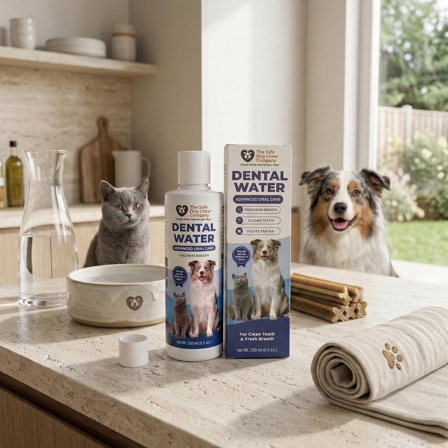 Dental Water for Dogs & Cats – Freshens Breath, Reduces Tartar, Cleans Teeth – Natural Enzyme Formula with Grape Seed Extract, Spirulina, Cinnamon & Sage Advanced Oral Care for Pets, 250ml (8 fl. oz.)