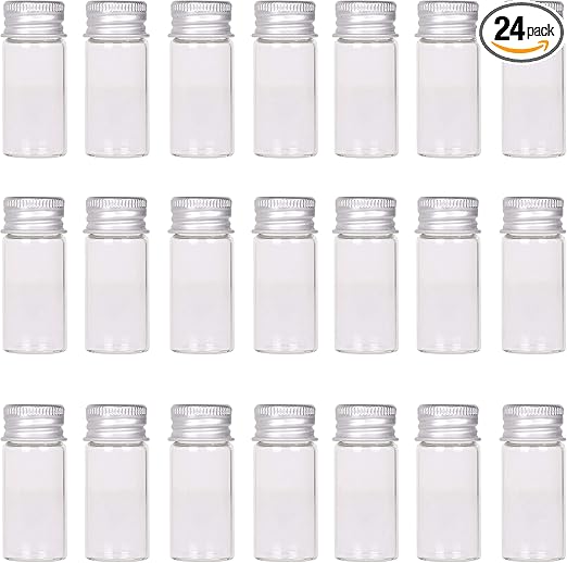 MaxMau 24 Sets 10ml Glass Vials Small Bottles Mini Tiny Jars with Aluminum Screw Caps Sealed Top Metal Lids Cover Clear Message Sample Bottle Storing Beads Wedding Favors Decorations DIY Crafts