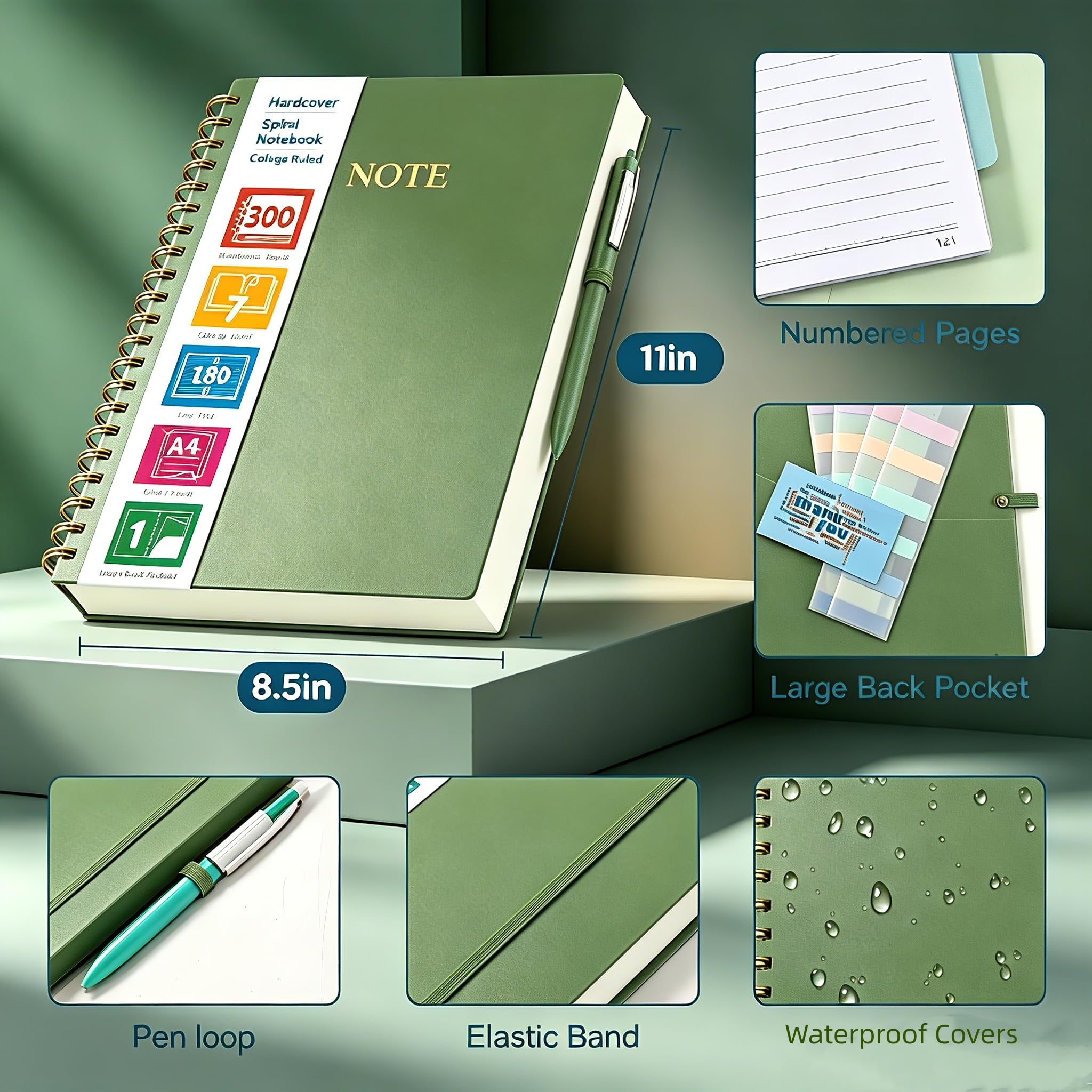 Taccuino a righe universitario, quaderno a spirale 21,6 x 27,9 cm, 300 pagine numerate, diario per donne e uomini, grande taccuino per scuola e ufficio, quaderni per lavoro, carta spessa, linguette