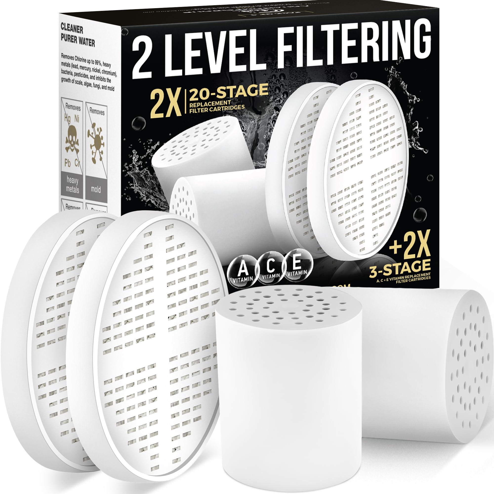 AquaHomeGroup 20-Stage Shower Filter Replacement Cartridge & Vitamin C + E + A Cartridges (2-Pack, No Housing) - Improve Shower Water Quality and Promote Healthier Skin and Hair