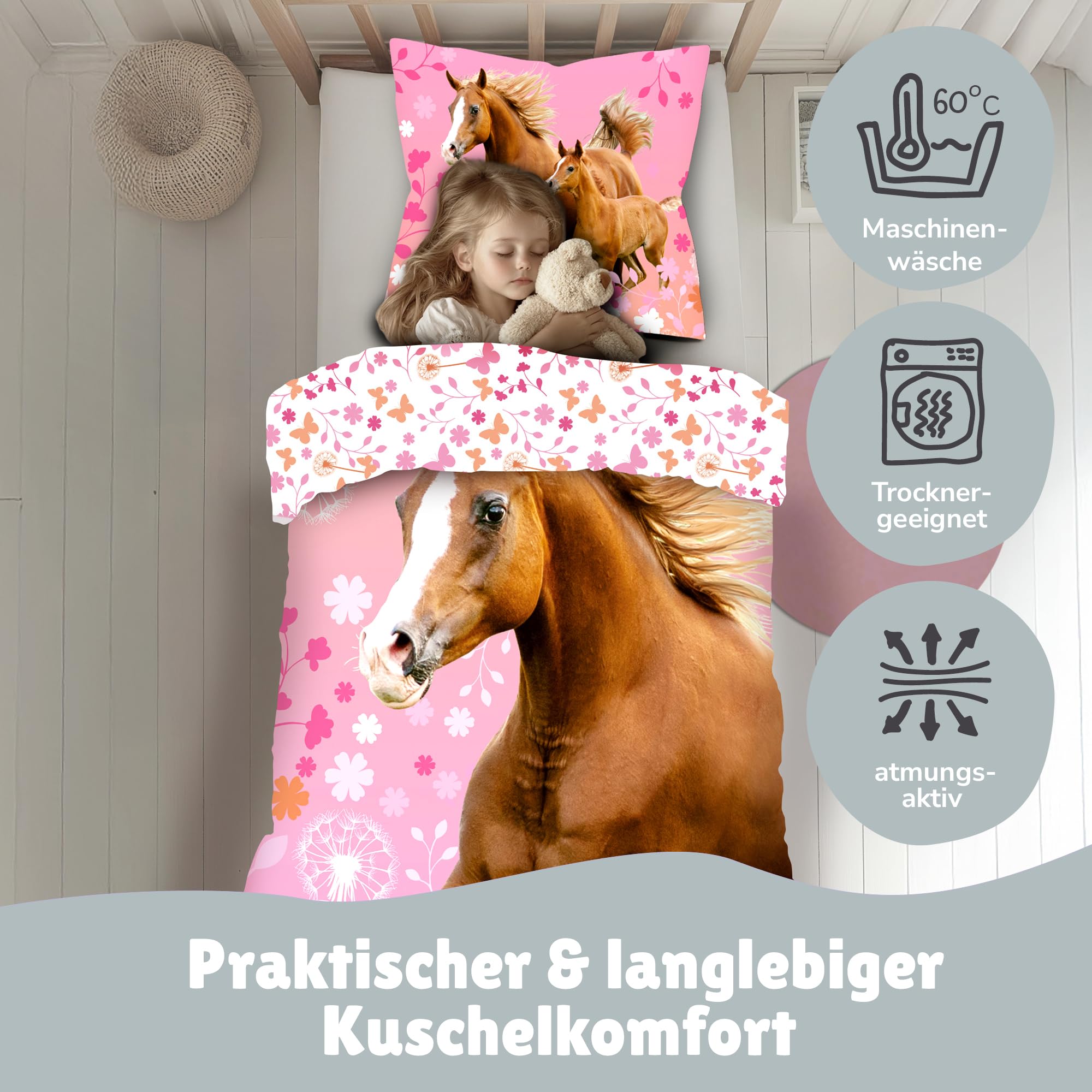 Pferd Bettwäsche Set 2-teilig 135x200 80x80 cm – Mädchenbettwäsche aus 100% Baumwolle mit Wendemotiv & Reißverschluss – Hautfreundlich & atmungsaktiv – Trocknergeeignet – Öko-TEX Zertifiziert