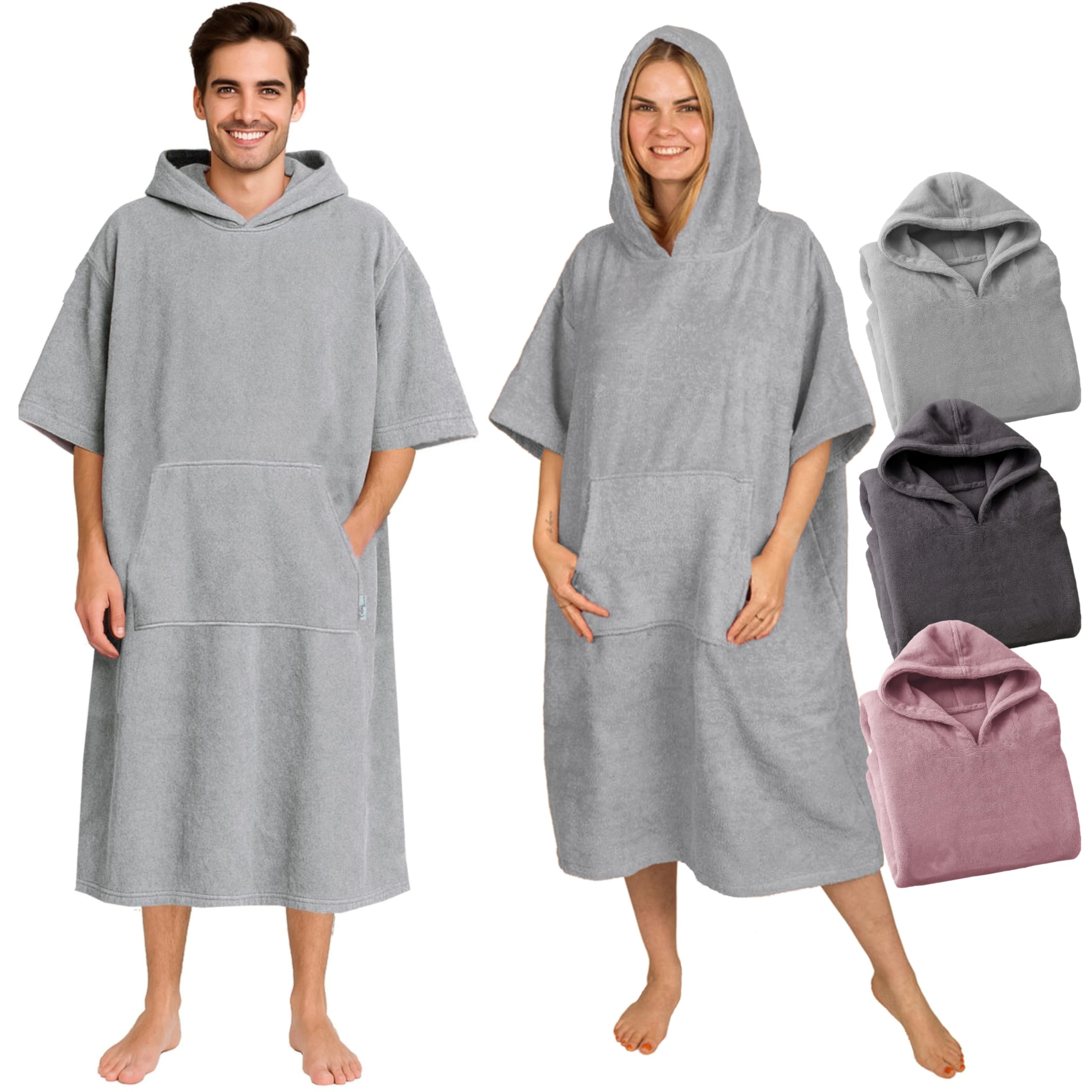 CalmyBEACH Frottee Badeponcho Damen Herren - Strandponcho 100% Baumwolle Surf Poncho Erwachsene Handtuch Kapuze Bade Surfponcho Bademantel (Grau, S/M)