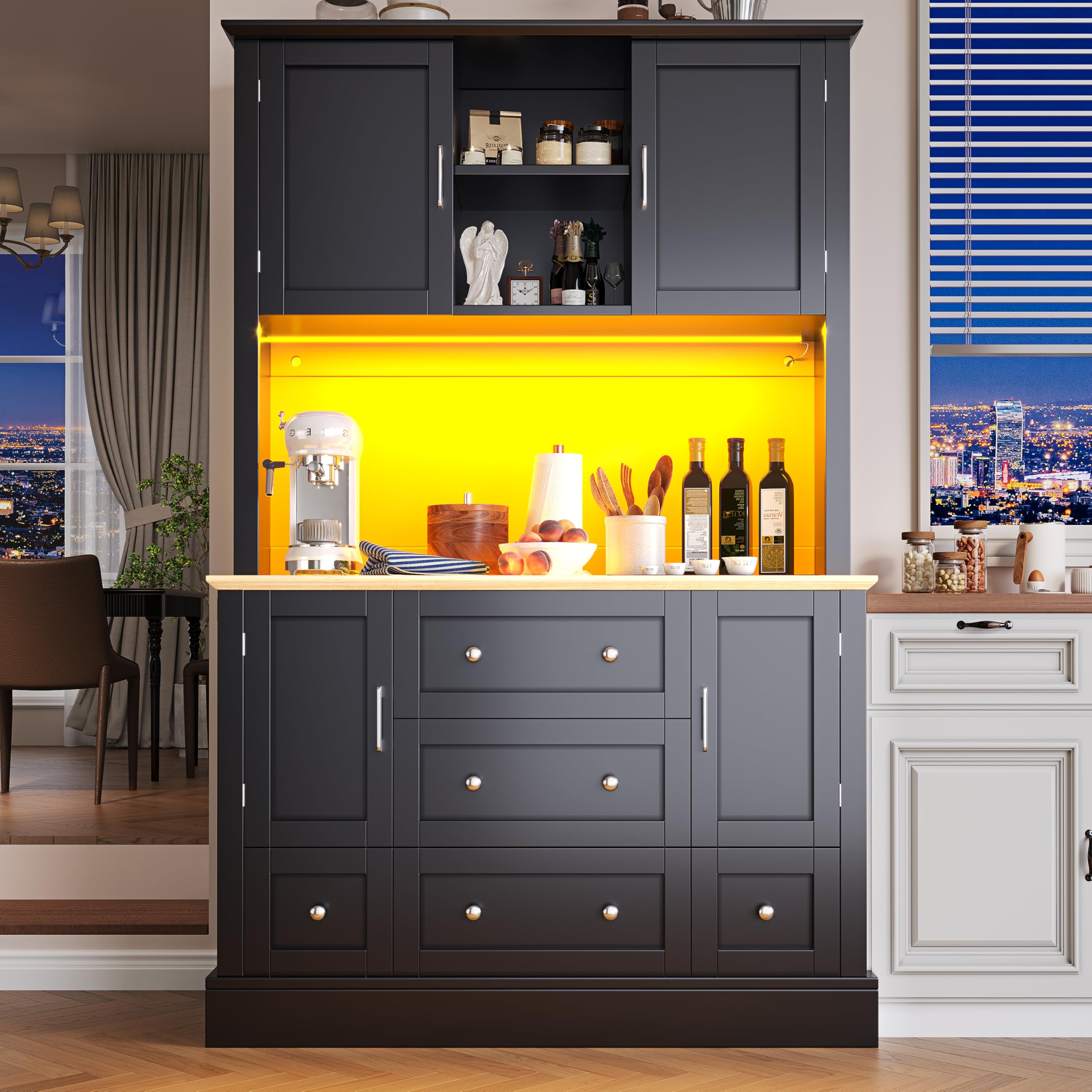BTM Tall Kitchen Cabinet with LED Lighting Freestanding Cupboard Sideboard with Worktop Living Room Cabinet, Black