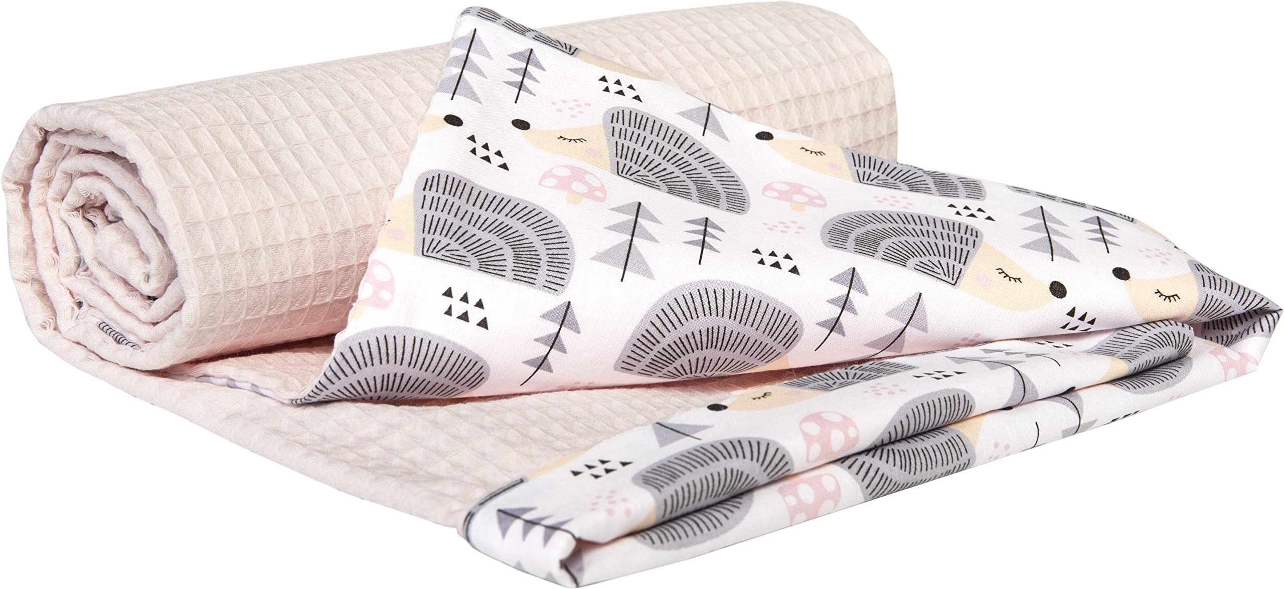 Medi Partners Baby Blanket Newborn Pram Soft 100% Cotton 75x100 Cot Toddler Comfort universal Cuddly Fluffy Crawling Plush bilateral Blankets (Hedgehogs With Light Pink Waffle)