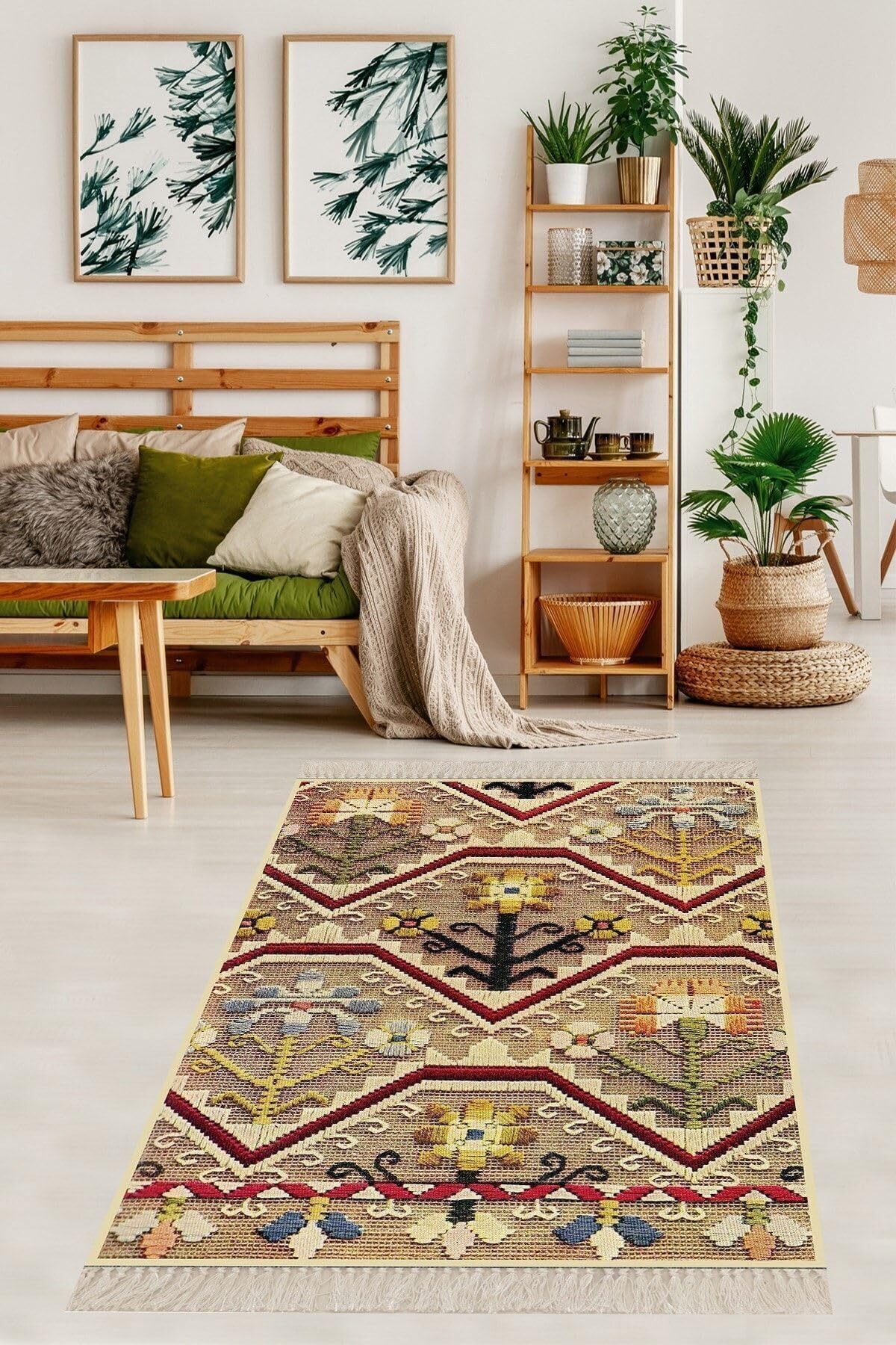 Pelangi Nakış Işlemeli Çiçek Desenli Dijital Baskı Yıkanabilir Kaymaz Taban Salon Halısı Ve Yolluk, Bej 180 x 250