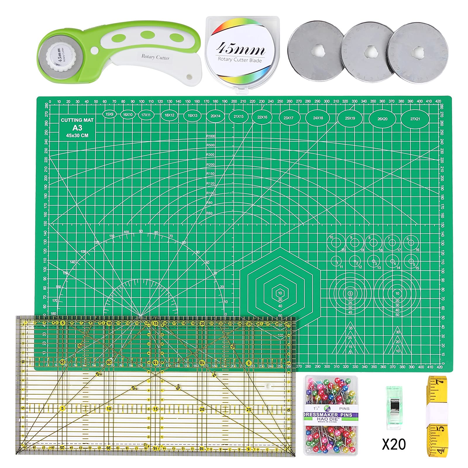 INTLMATE A3 Cutting mat Set Cutter Tool Kit Including 17inches self-Healing Cutting mat,45mm Rotary Cutter with 3 Replacement Blades, Quilting Ruler,Patchwork Ruler,20 Clips,100 pins (Dark Green)