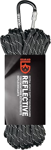 GEAR AID 1100 - Cuerda de paracaídas y mosquetón, cuerda resistente de 0.217 in para campamento y supervivencia, color negro reflectante