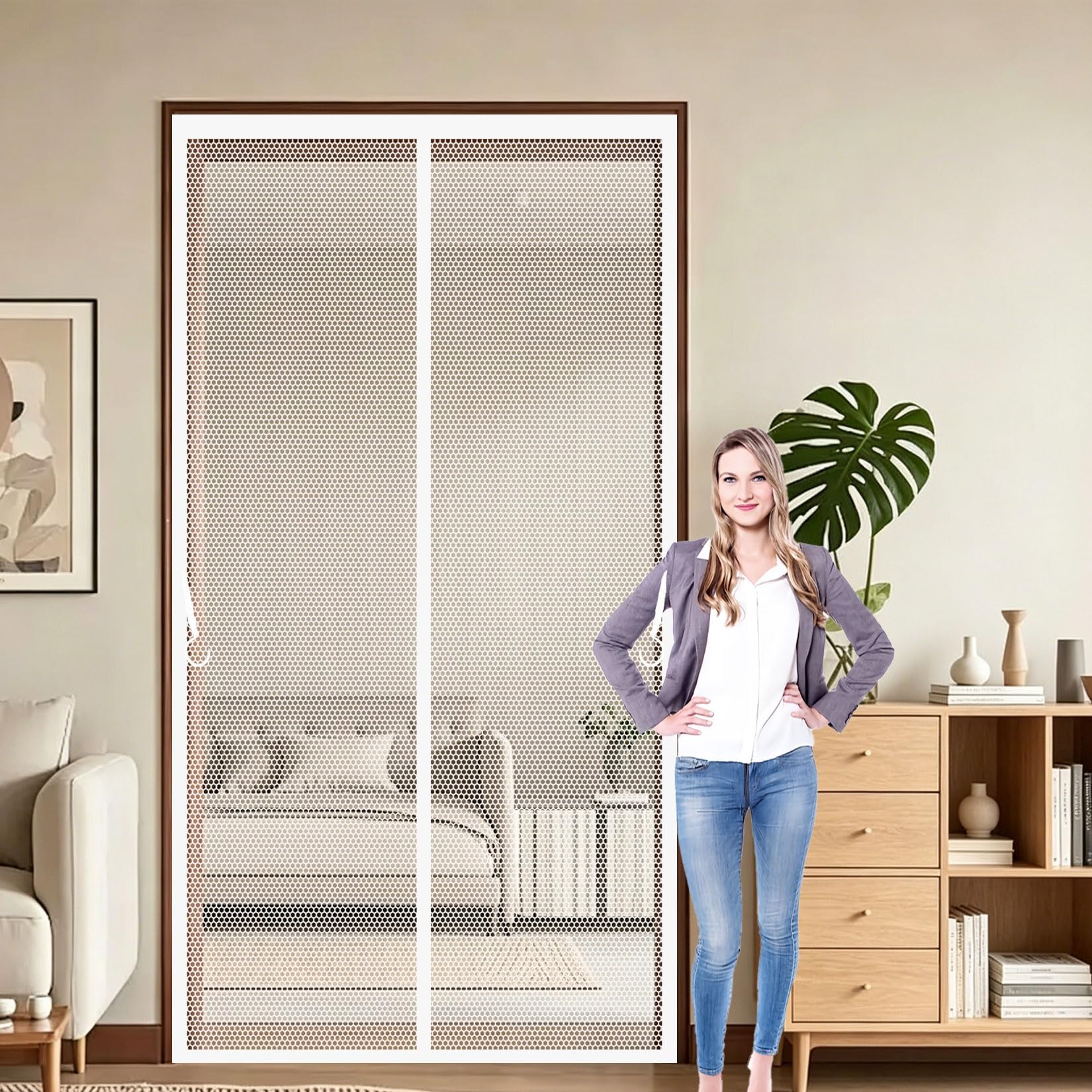 Magnetic Fly Screen Door 86 x 243 cm Full Frame Magic Tape, Powerful Magnets Door Screen, Nets Patio Curtain Heavy Duty, Lets Fresh Air for Patio Doors Bedroom, White