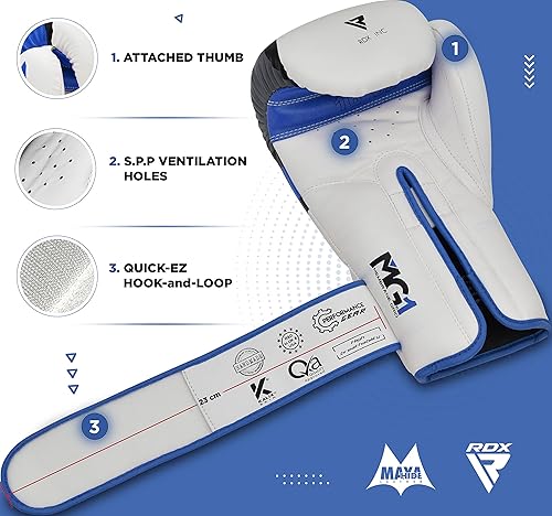 Miniatura 2 de RDX Guantes de boxeo EGO, Sparring Muay Thai Kickboxing MMA Guantes de entrenamiento pesado, cuero Maya Hide Ventilado, soporte largo, almohadillas