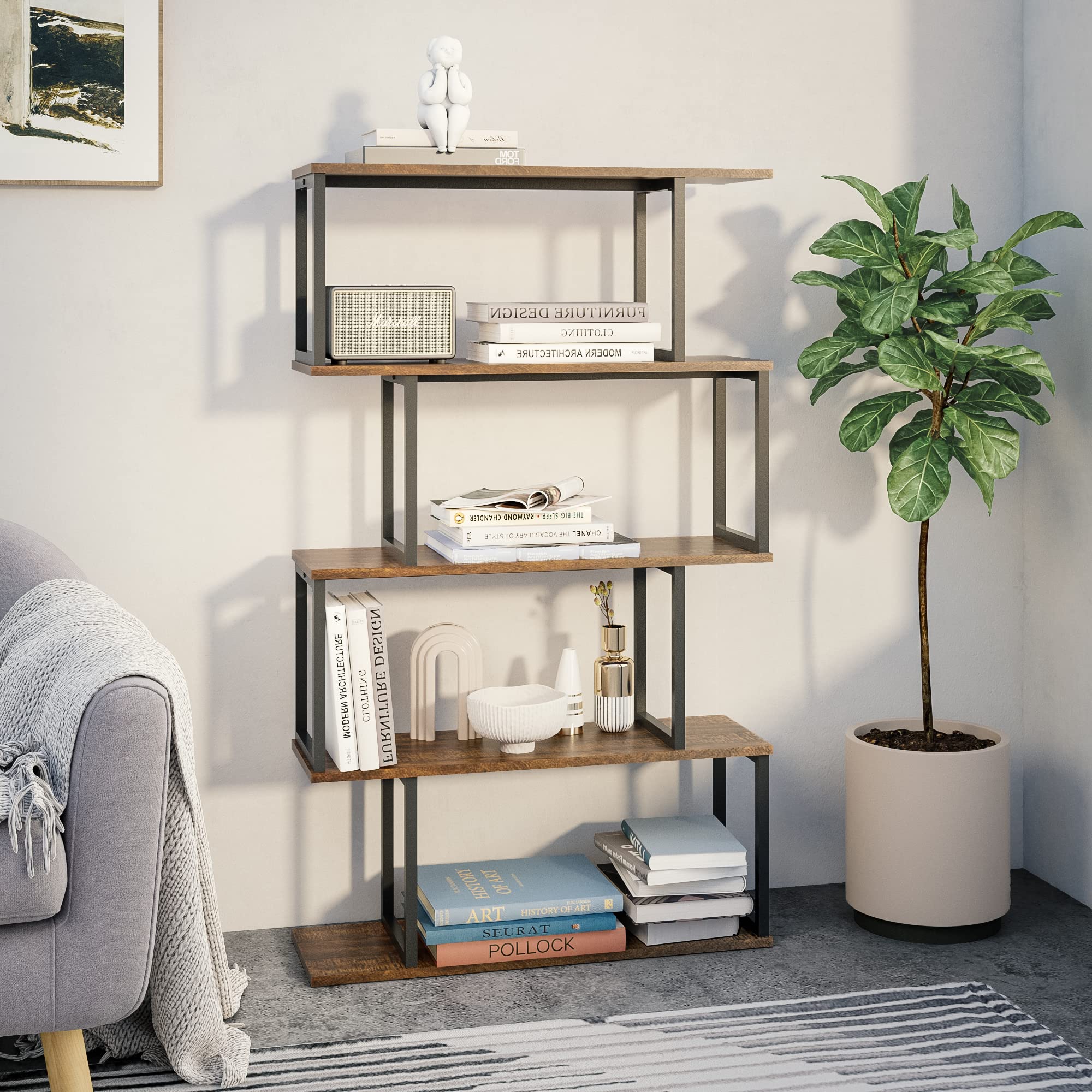 Mondeer Libreria a forma di S, Scaffale Portaoggetti, Libreria a 4 Ripiani, Libreria in Stile Industriale, con Struttura in Metallo, 76 x 24 x127.5cm, per Soggiorno e Ufficio, Marrone