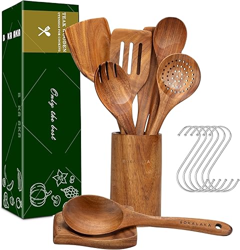 Cucharas de madera para cocinar, 9 utensilios de madera de teca natural para cocinar, juego de utensilios de cocina de madera y juego de utensilios