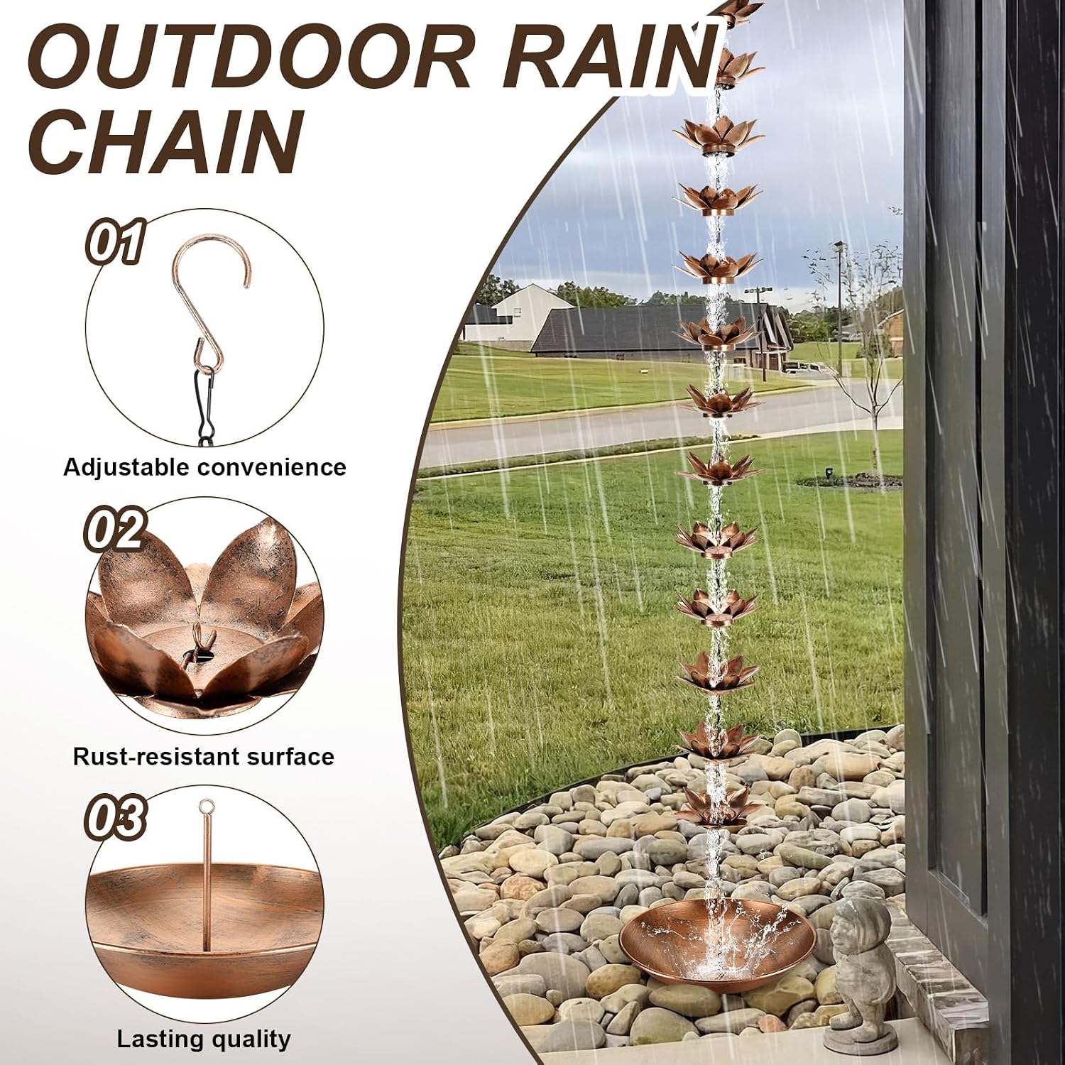 MorningRo 8.5ft Rain Chains for Gutters Outside, Metal, Lotus image 3