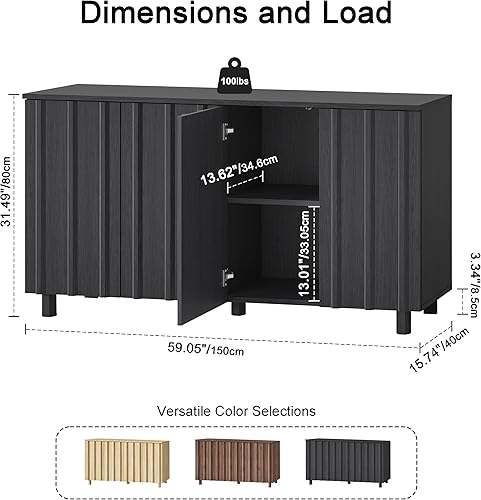 Miniatura 2 de Armario de buffet acanalado negro nogal de 59 pulgadas con aparador de almacenamiento, gabinete de acento moderno de mediados de siglo de 4 puertas,