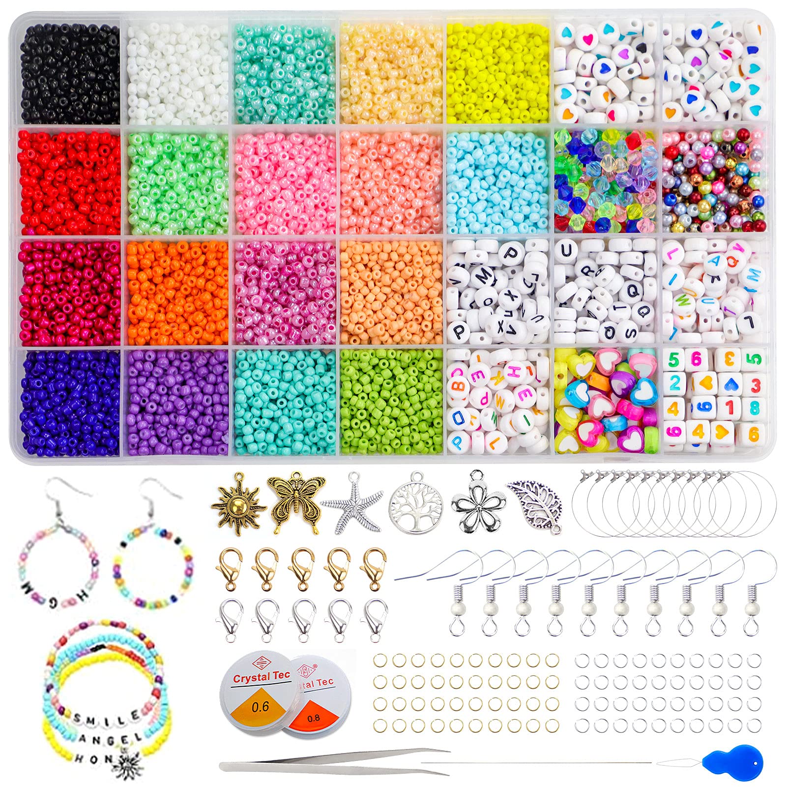 Jinhuaxin 9102 Pieces 3 mm Bead Set Beads for Threading Colourful Letter Beads Glass Beads with Jump Rings Jewellery Charms Lobster Clasps Ear Hooks Elastic Band for DIY Jewellery Bracelet Gift