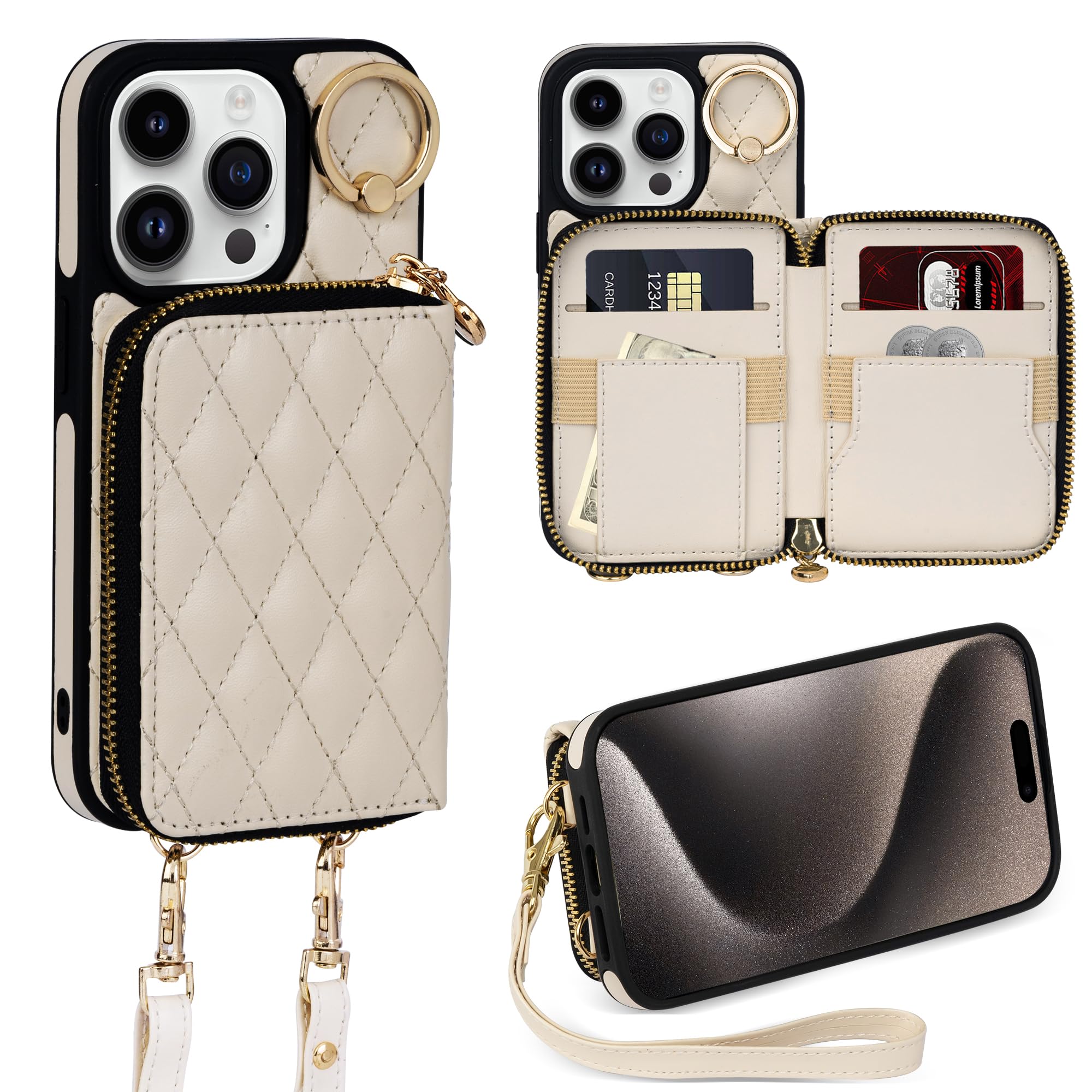 Keallce Case for iPhone 15 Pro 6.1'' Wallet Case, Crossbody Zipper Purse with Handbag Wristlet for Women, RFID Blocking Card Holders, 360° Ring Kickstand Flip Leather Cover for iPhone 15 Pro 5G, Beige