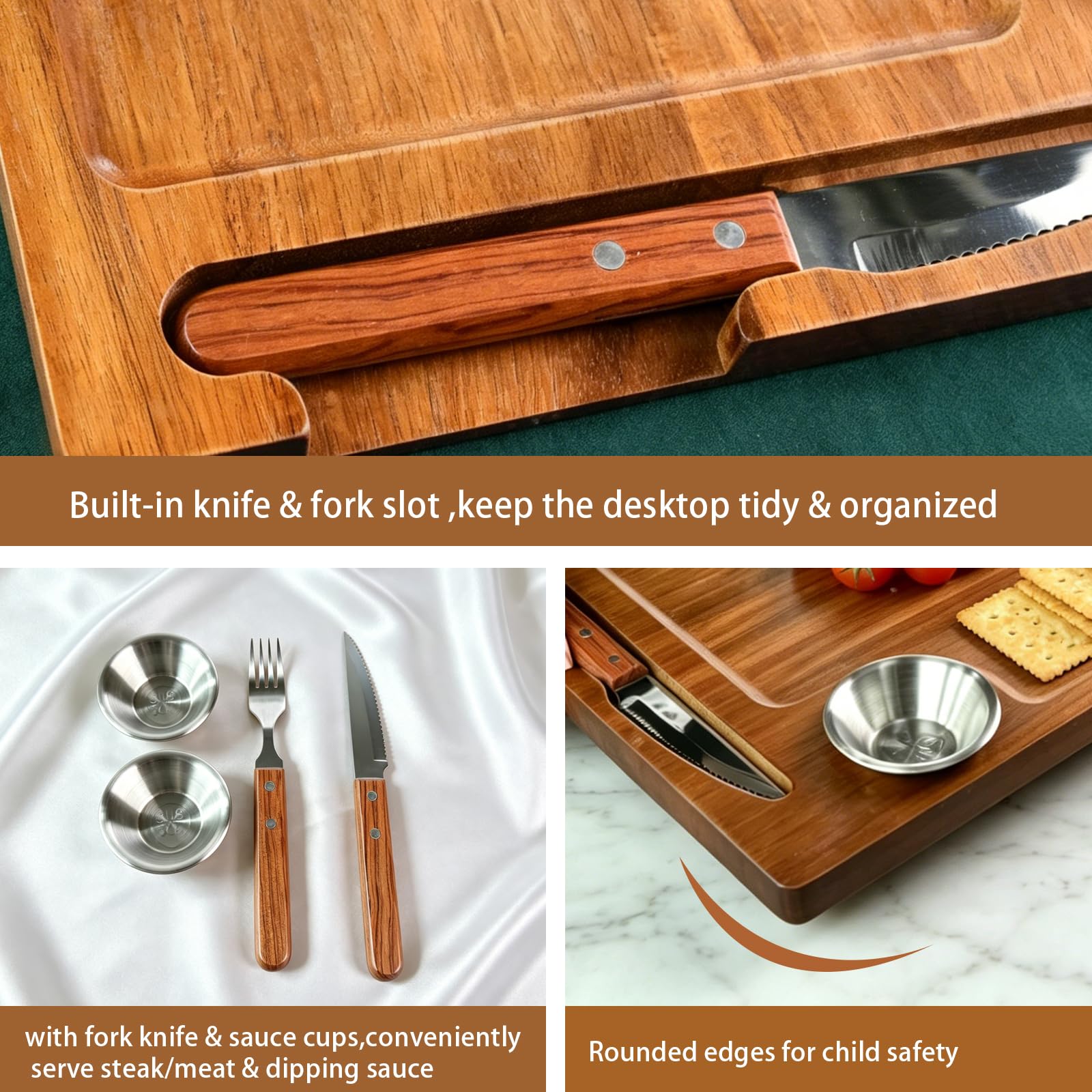 Steakbrett aus Akazienholz, wendbar, Charcuteriebretter, Schneidebrett-Set mit Gabel, Messer und 2 SUS304 Auflaufförmchen, 39,9 cm, Holz-Servierbrett für Zuhause, Grillen, Geschenk für Damen und