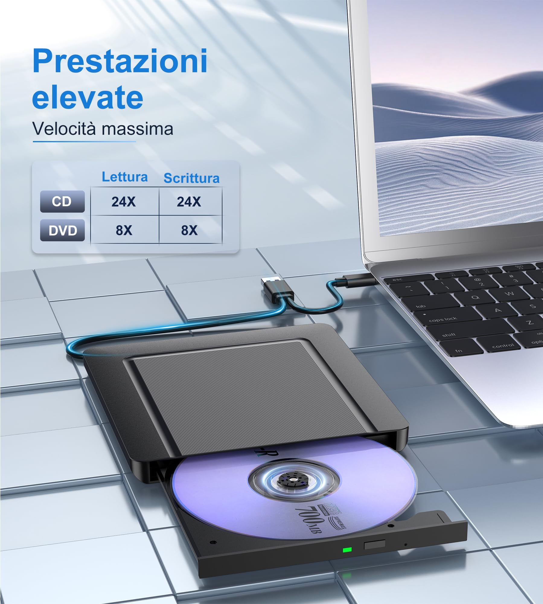 Lettore DVD CD Esterno per PC Portatile, Supersottile Masterizzatore CD/DVD +/-RW Drive CD ROM Unità DVD Esterne per Windows 11/10/8.1/7/XP/Vista/Linux/MacOS/Linux/Laptop/Desktop