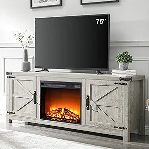 T4TREAM Fireplace TV Stand for 75 Inch TV, Farmhouse Barn Door Media Console, Entertainment Center with 23" Electric Fireplace Remote Control,for Living Room, 66 Inch, Light Rustic Oak
