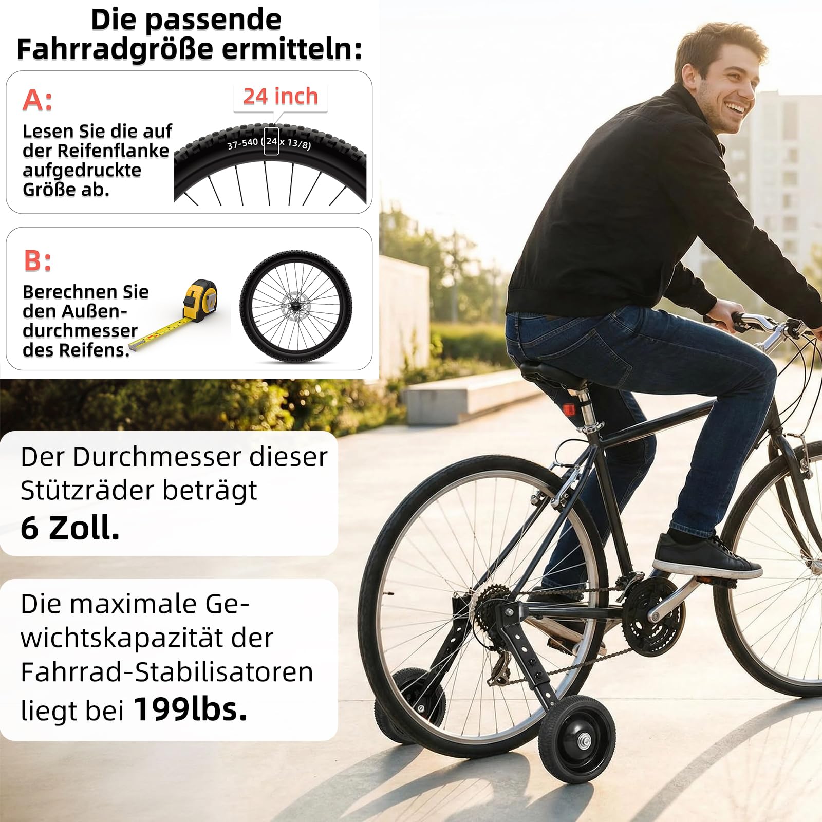 Fahrrad-Stützräder für Erwachsene - Passend für 24-26 Zoll Fahrräder - Stabile Stahlkonstruktion - Sicher und Stabil für Anfänger - Komplettes Montageset, 1 Paar, Schwarz