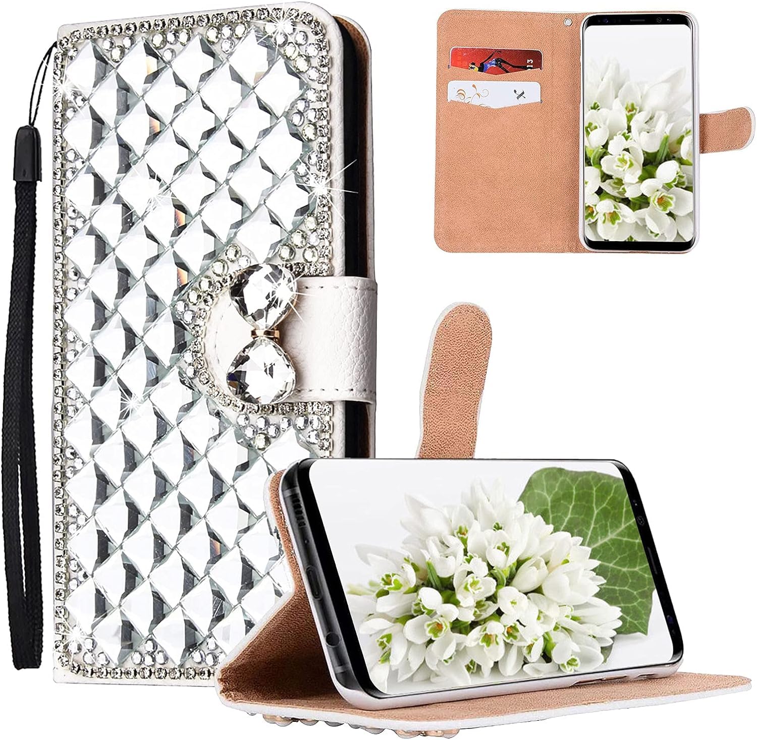 MVKZFE Girl Wallet Case for Samsung Galaxy A15 5G,Sparkle Bling Diamond Flip PU Leather Protective Cover,Magnetic Butterfly Stone Closure Kickstand Lanyard Cash Pocket Shell,Silver