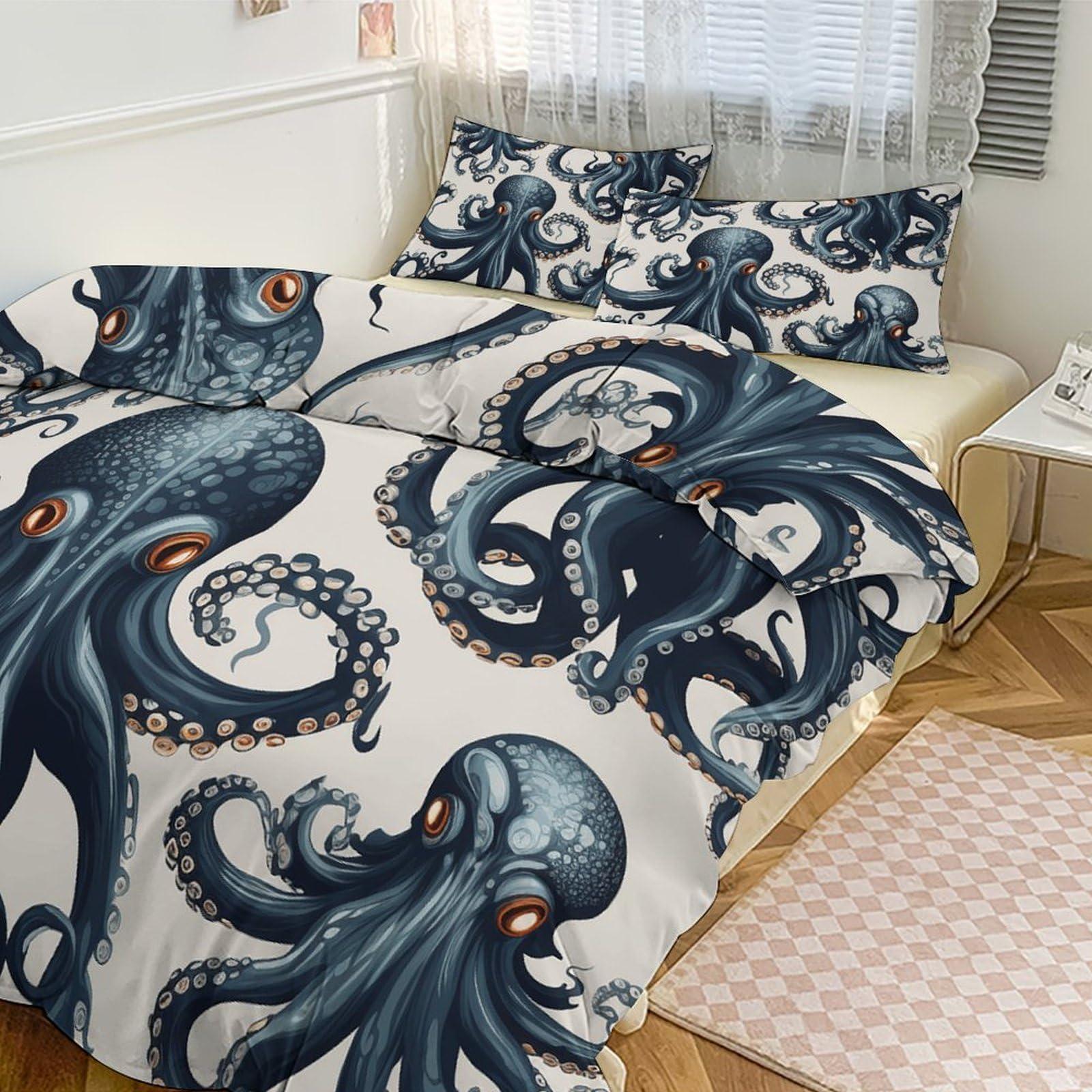 Housse de couette 200,7x228,6 cm motif pieuvre marine zippée avec 2 taies d'oreiller 3 pièces