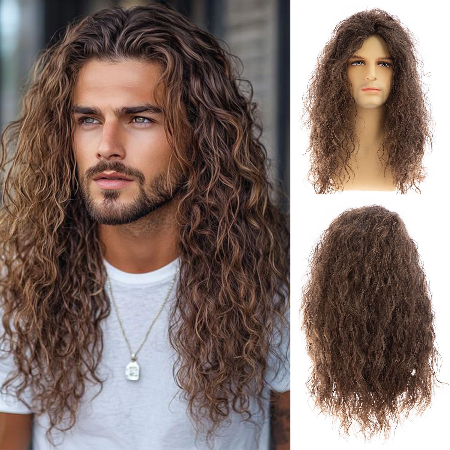 Beweig Mens Wig Long Curly Wavy Brown Synthetic Hair Wig for Cosplay Costume Halloween Party, brown2, 23 cm