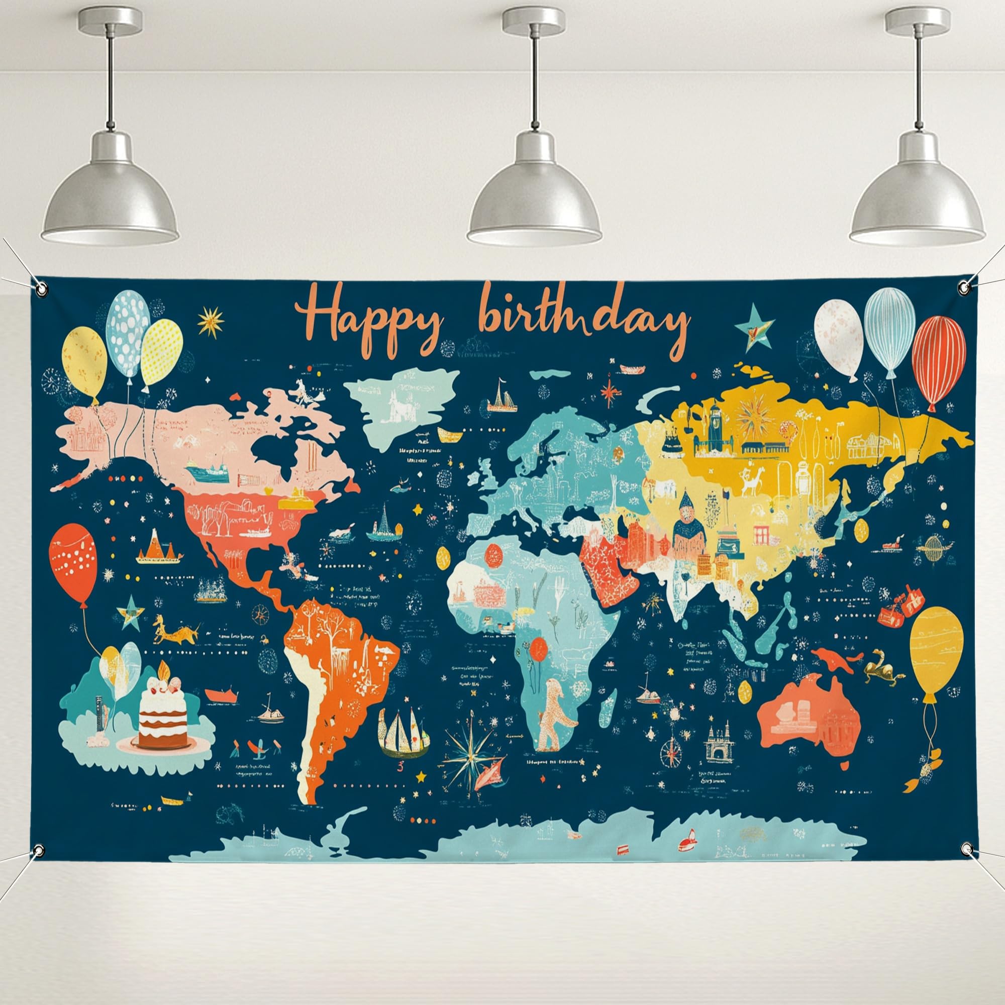 Happy Birthday World Map Backdrop, Colorful Travel-Themed Party Decorations, Fun Photography Background for Celebrations, Suitable for All Seasons