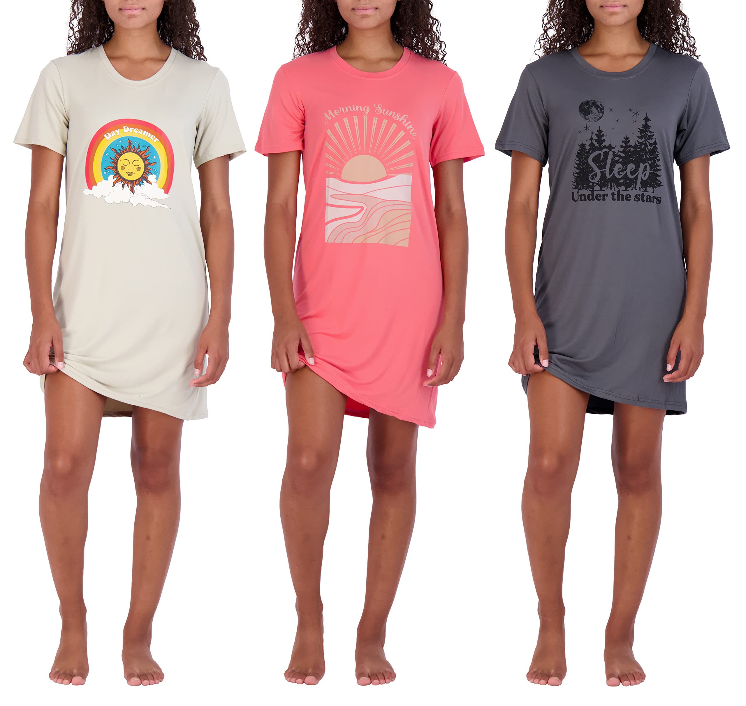 Real Essentials 3 Pack: Women's Printed Nightshirt Short Sleeve Ultra-Soft Nightgown Sleep Dress (Available In Plus Size)