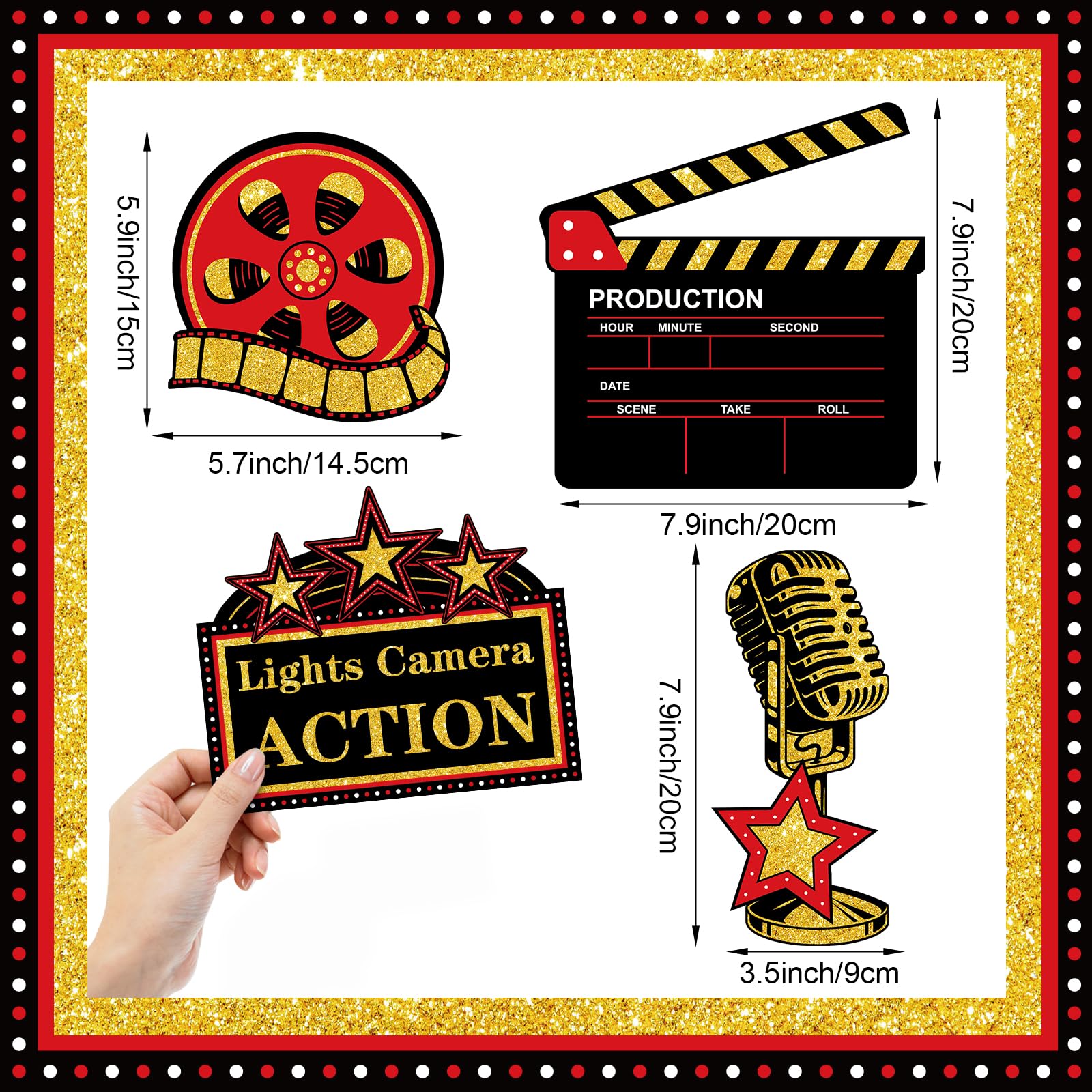 45 Pcs Movie Night Party Decorations Movie Party Cutouts Red Carpet Paper Cutouts Cards for Bulletin Board Classroom School Photo Prop (Red Golden Black)